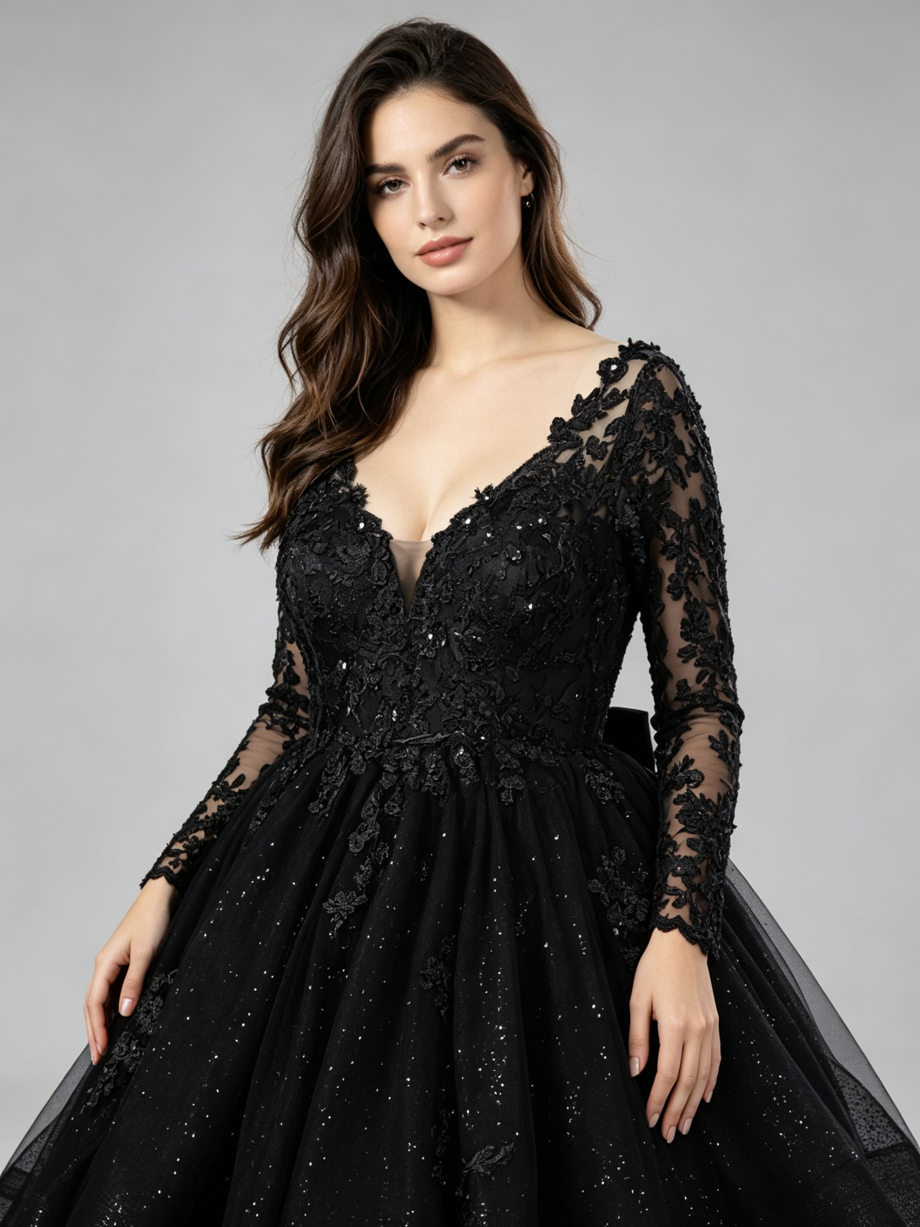 Black Sparkle Ball Gown Wedding Dress with Long Lace Sleeves and Cathedral Train