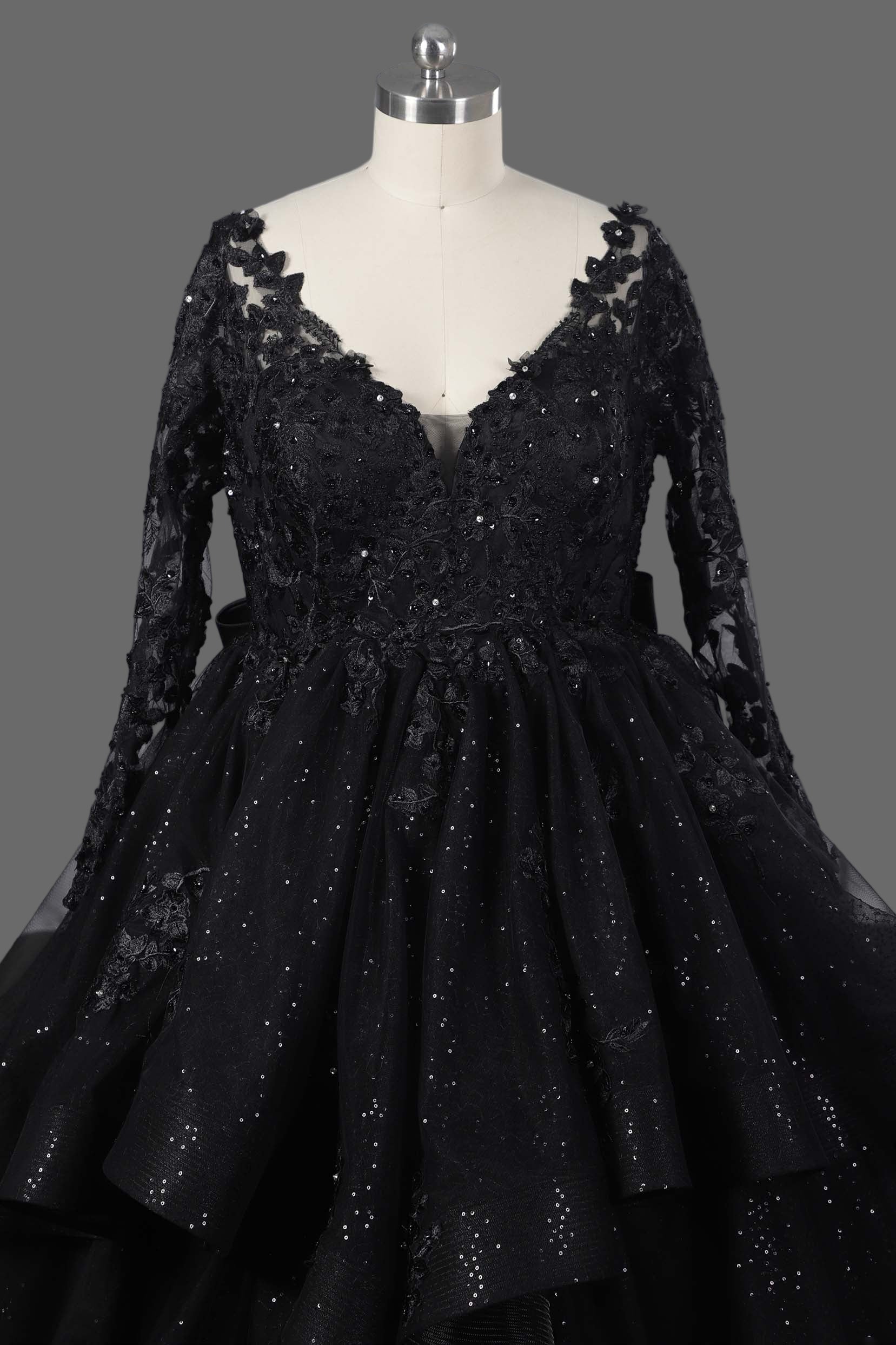 Black Sparkle Ball Gown Wedding Dress with Long Lace Sleeves and Cathedral Train