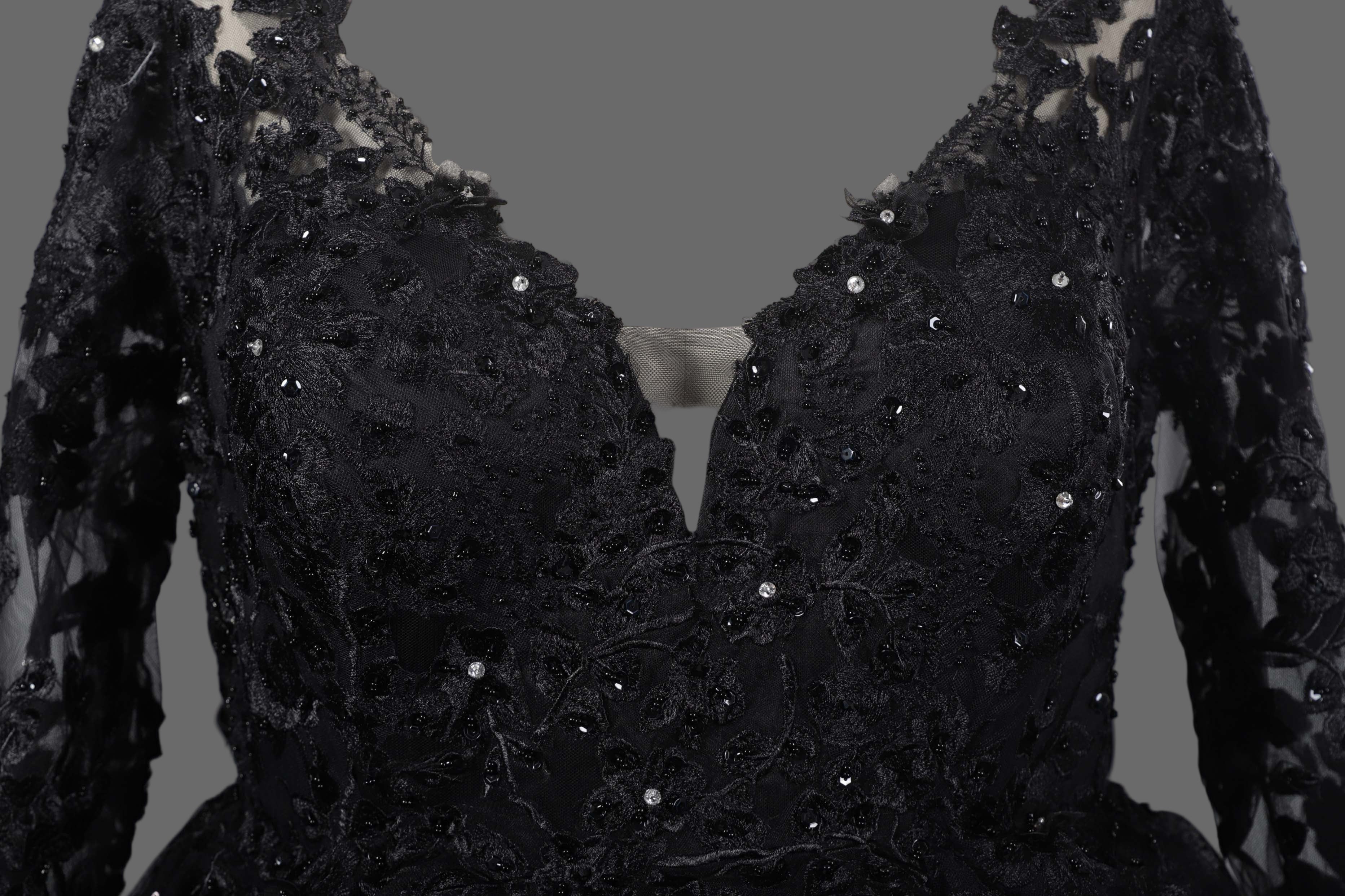 Black Sparkle Ball Gown Wedding Dress with Long Lace Sleeves and Cathedral Train