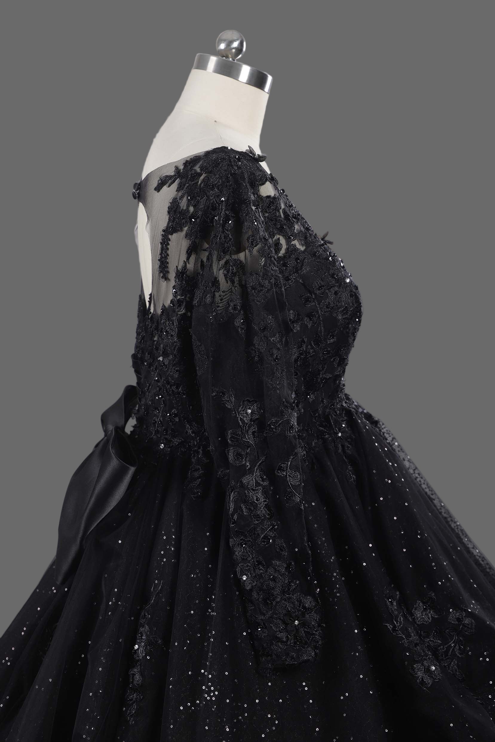 Black Sparkle Ball Gown Wedding Dress with Long Lace Sleeves and Cathedral Train