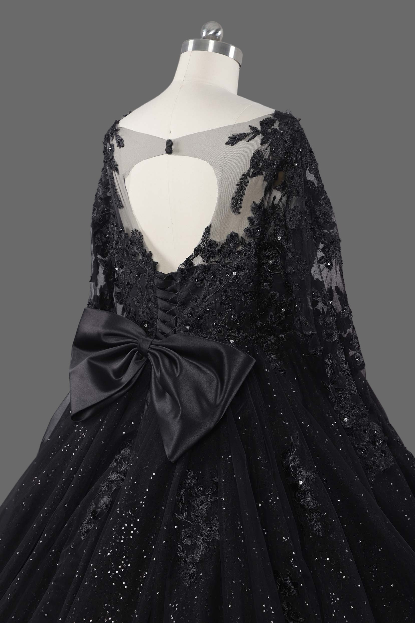 Black Sparkle Ball Gown Wedding Dress with Long Lace Sleeves and Cathedral Train