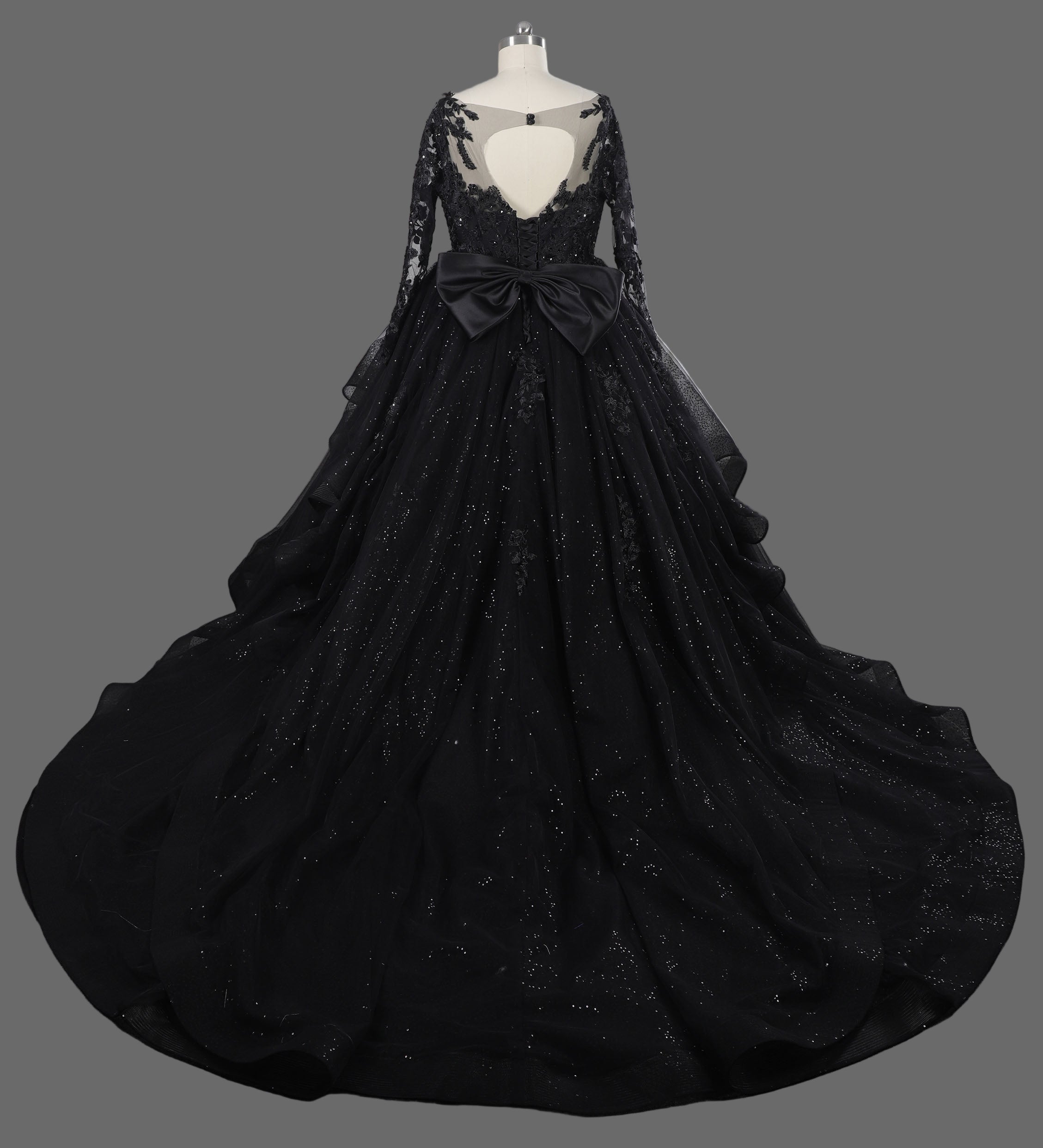 Black Sparkle Ball Gown Wedding Dress with Long Lace Sleeves and Cathedral Train