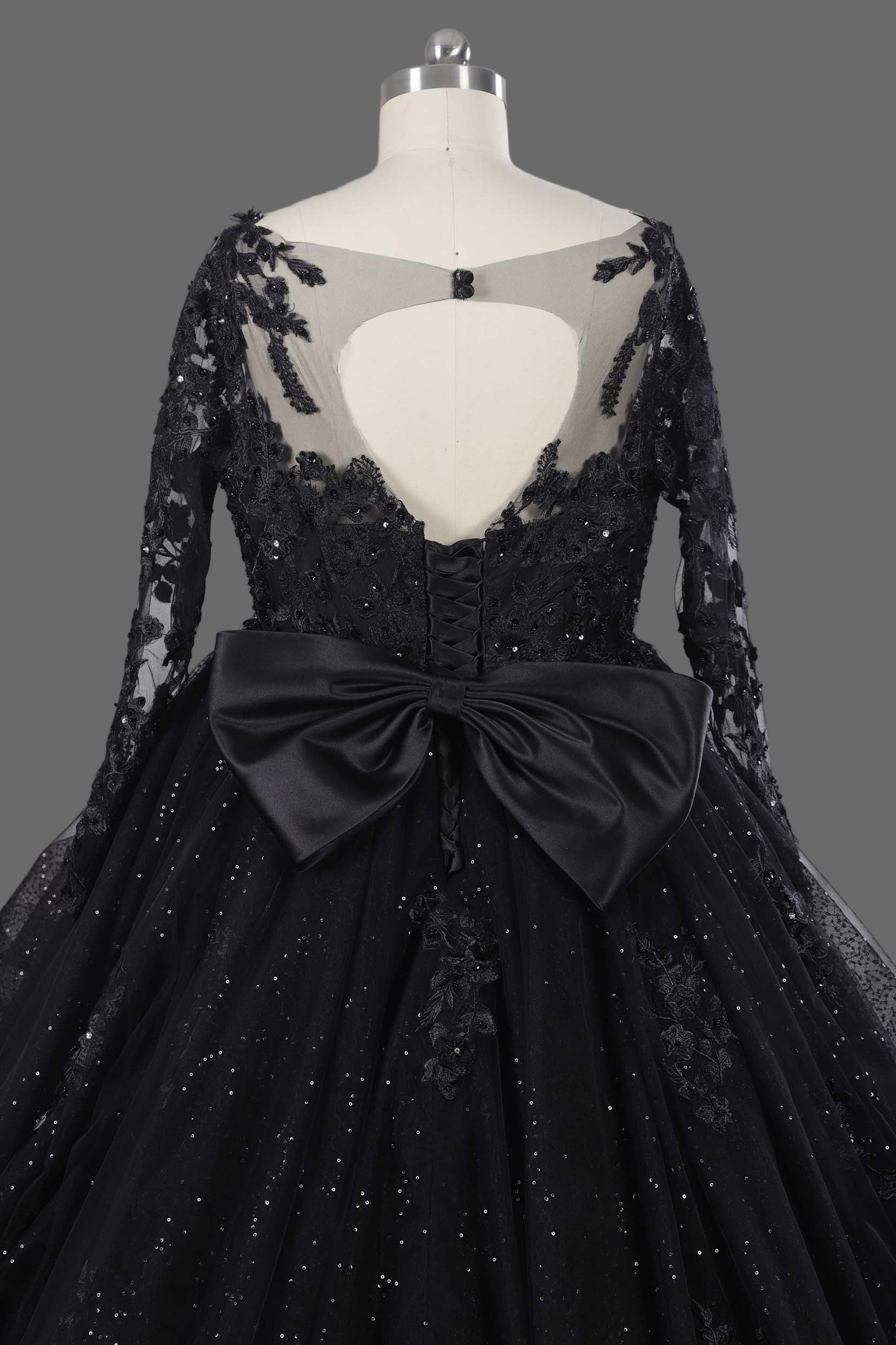 Black Sparkle Ball Gown Wedding Dress with Long Lace Sleeves and Cathedral Train