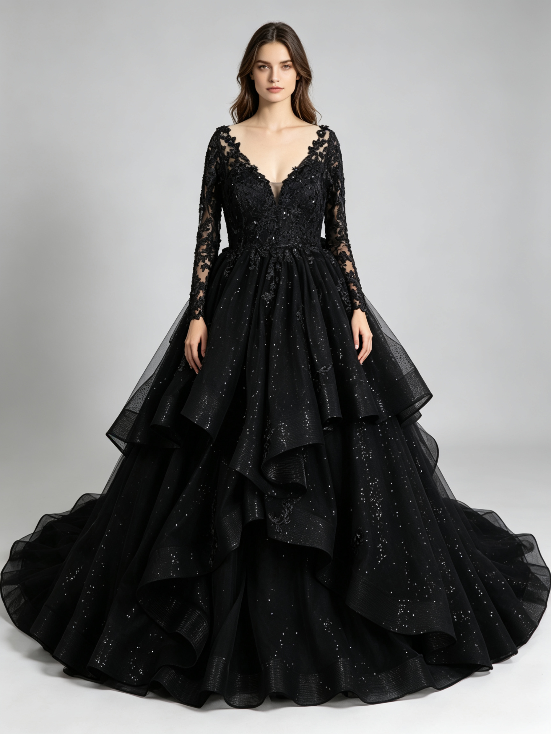 Black Sparkle Ball Gown Wedding Dress with Long Lace Sleeves and Cathedral Train