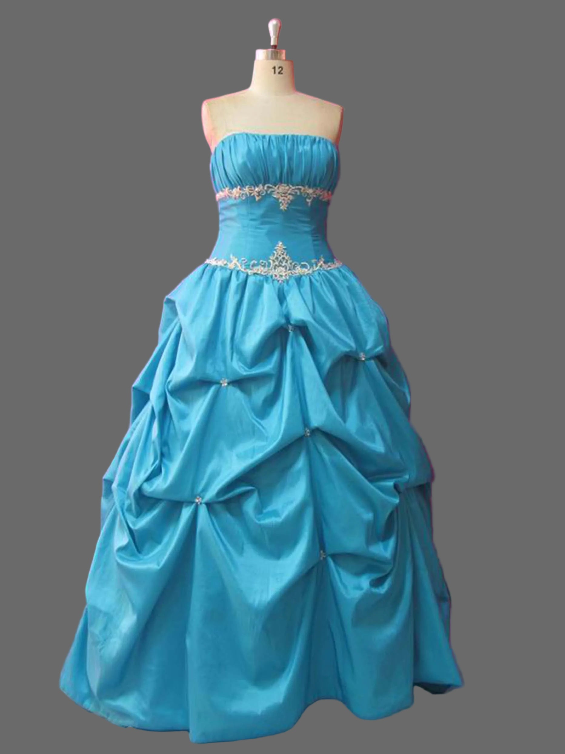Blue Ball Gown Quinceanera Dress Strapless Ruched Taffeta Beaded Waist Pick-Up Skirt Prom Sweet Sixteen Formal Gown