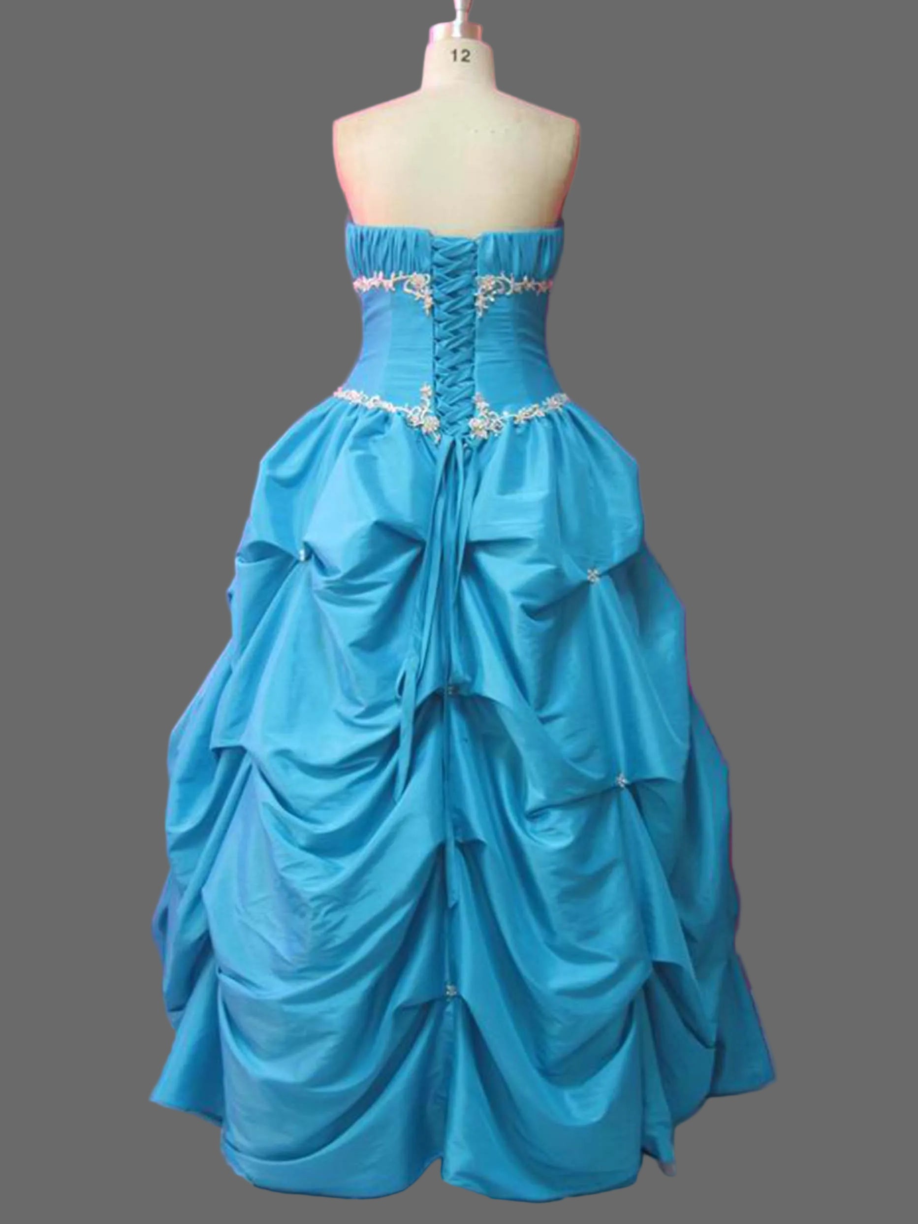 Blue Ball Gown Quinceanera Dress Strapless Ruched Taffeta Beaded Waist Pick-Up Skirt Prom Sweet Sixteen Formal Gown