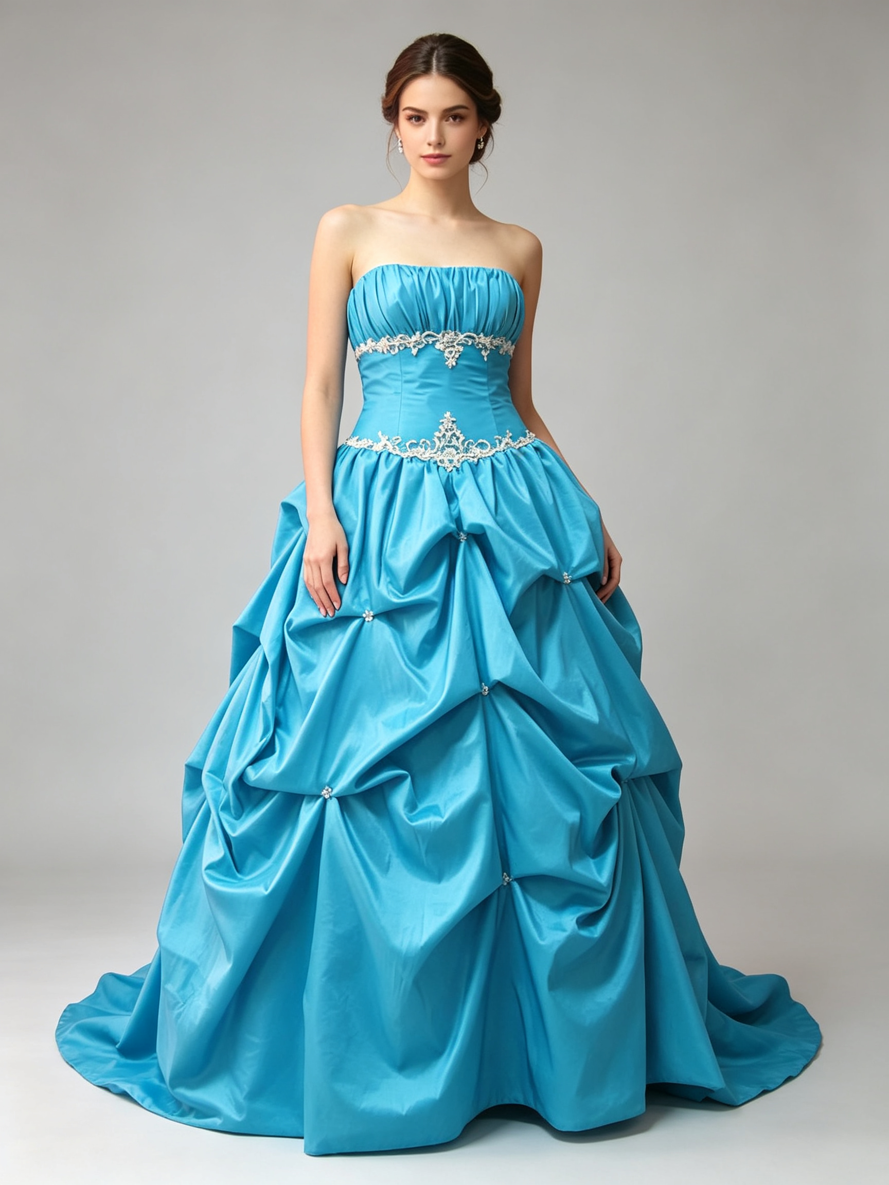 Blue Ball Gown Quinceanera Dress Strapless Ruched Taffeta Beaded Waist Pick-Up Skirt Prom Sweet Sixteen Formal Gown