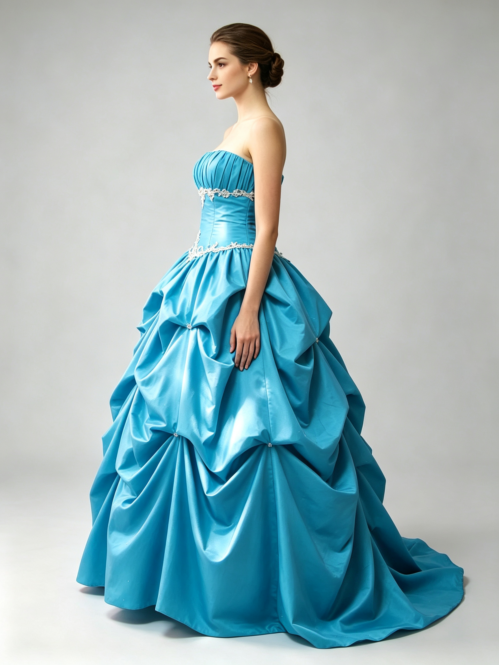 Blue Ball Gown Quinceanera Dress Strapless Ruched Taffeta Beaded Waist Pick-Up Skirt Prom Sweet Sixteen Formal Gown