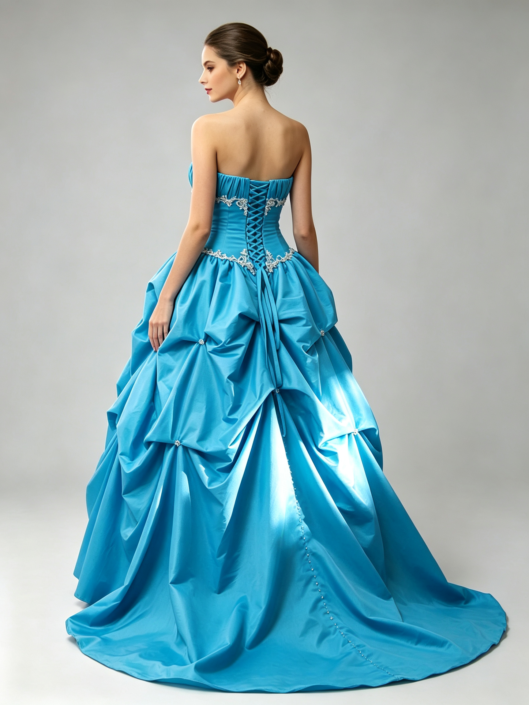 Blue Ball Gown Quinceanera Dress Strapless Ruched Taffeta Beaded Waist Pick-Up Skirt Prom Sweet Sixteen Formal Gown