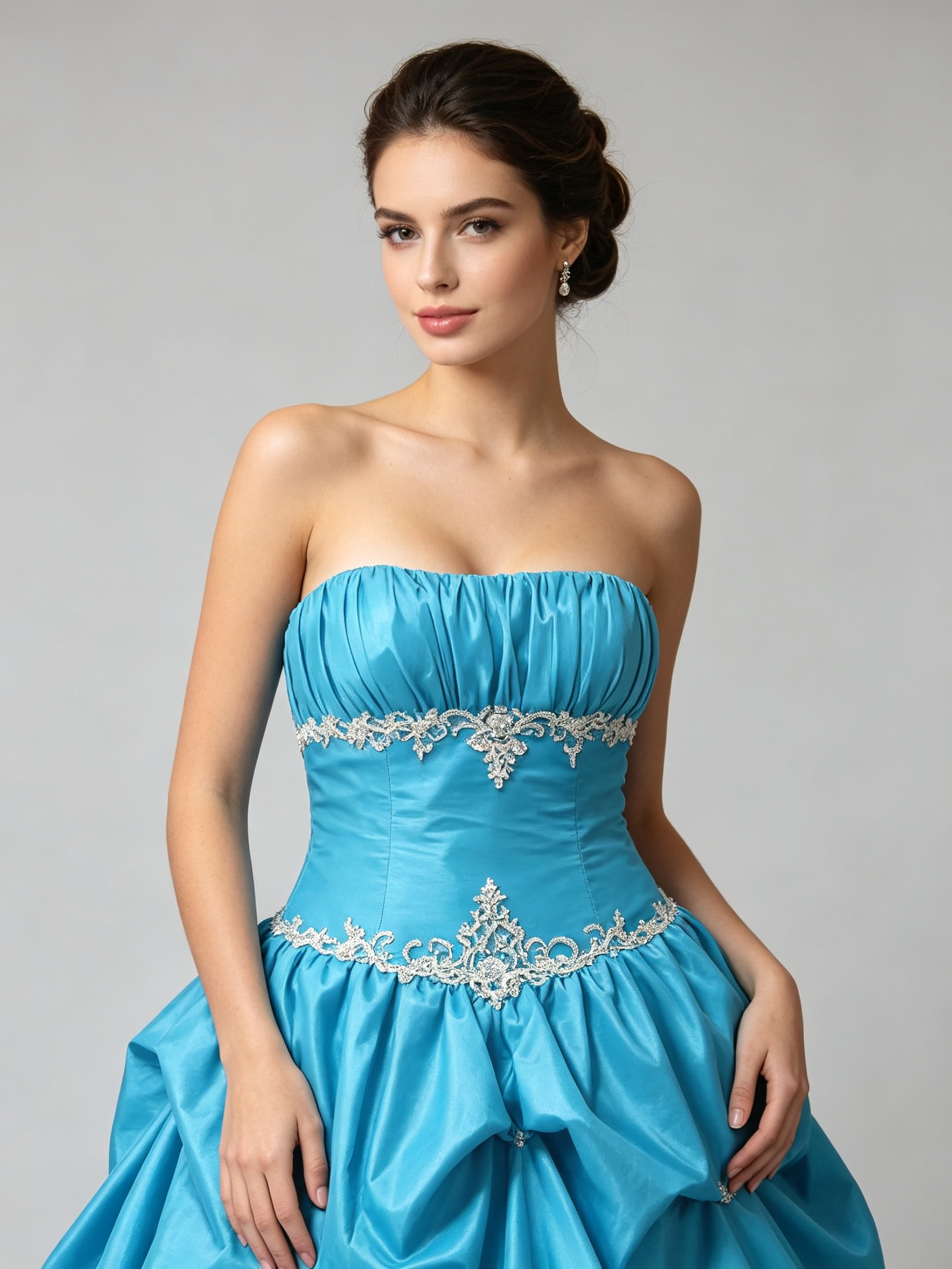 Blue Ball Gown Quinceanera Dress Strapless Ruched Taffeta Beaded Waist Pick-Up Skirt Prom Sweet Sixteen Formal Gown
