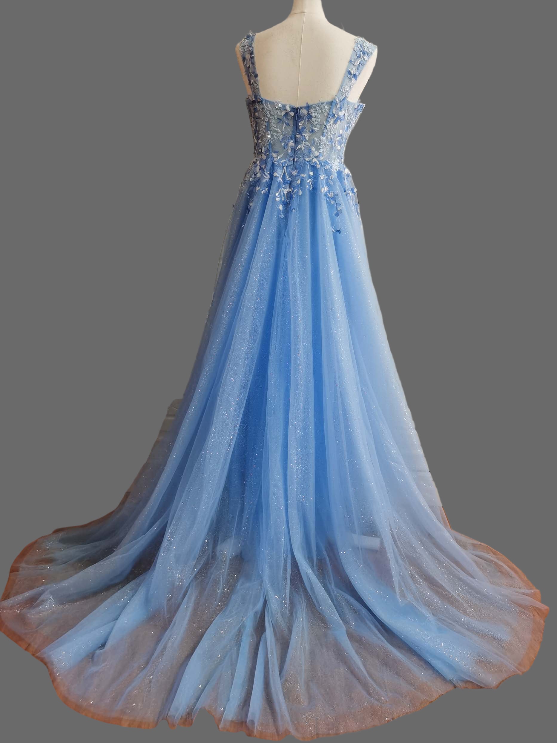 Blue Floral Lace Applique Tulle Prom Dress - V-Neck A-Line Evening Gown with Train