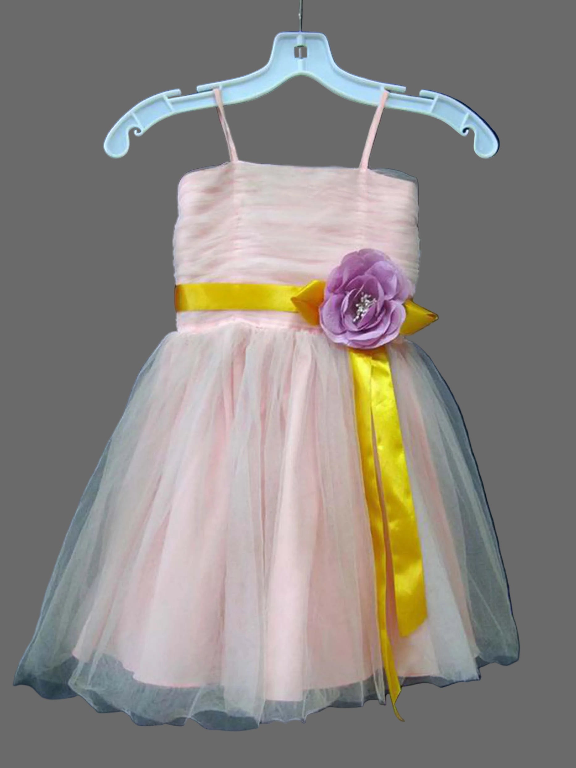 Blush Pink Girls Tulle Dress Spaghetti Strap Ruched Bodice Yellow Sash Purple Flower Girl Wedding Party Dress