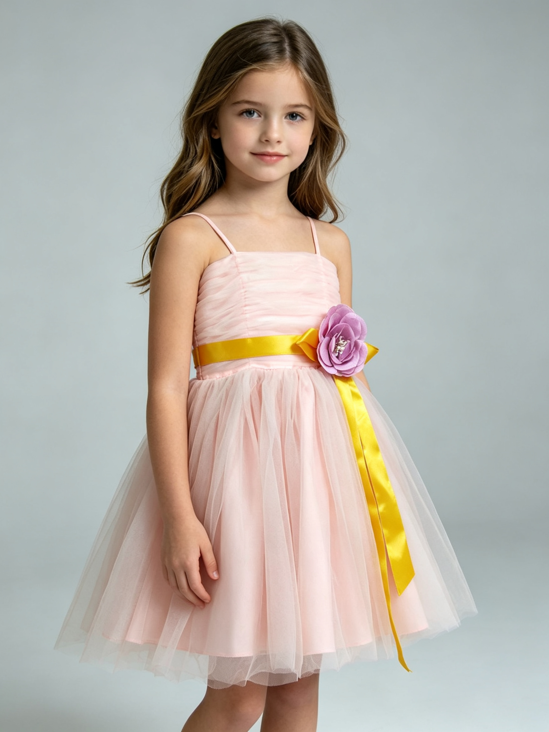 Blush Pink Girls Tulle Dress Spaghetti Strap Ruched Bodice Yellow Sash Purple Flower Girl Wedding Party Dress