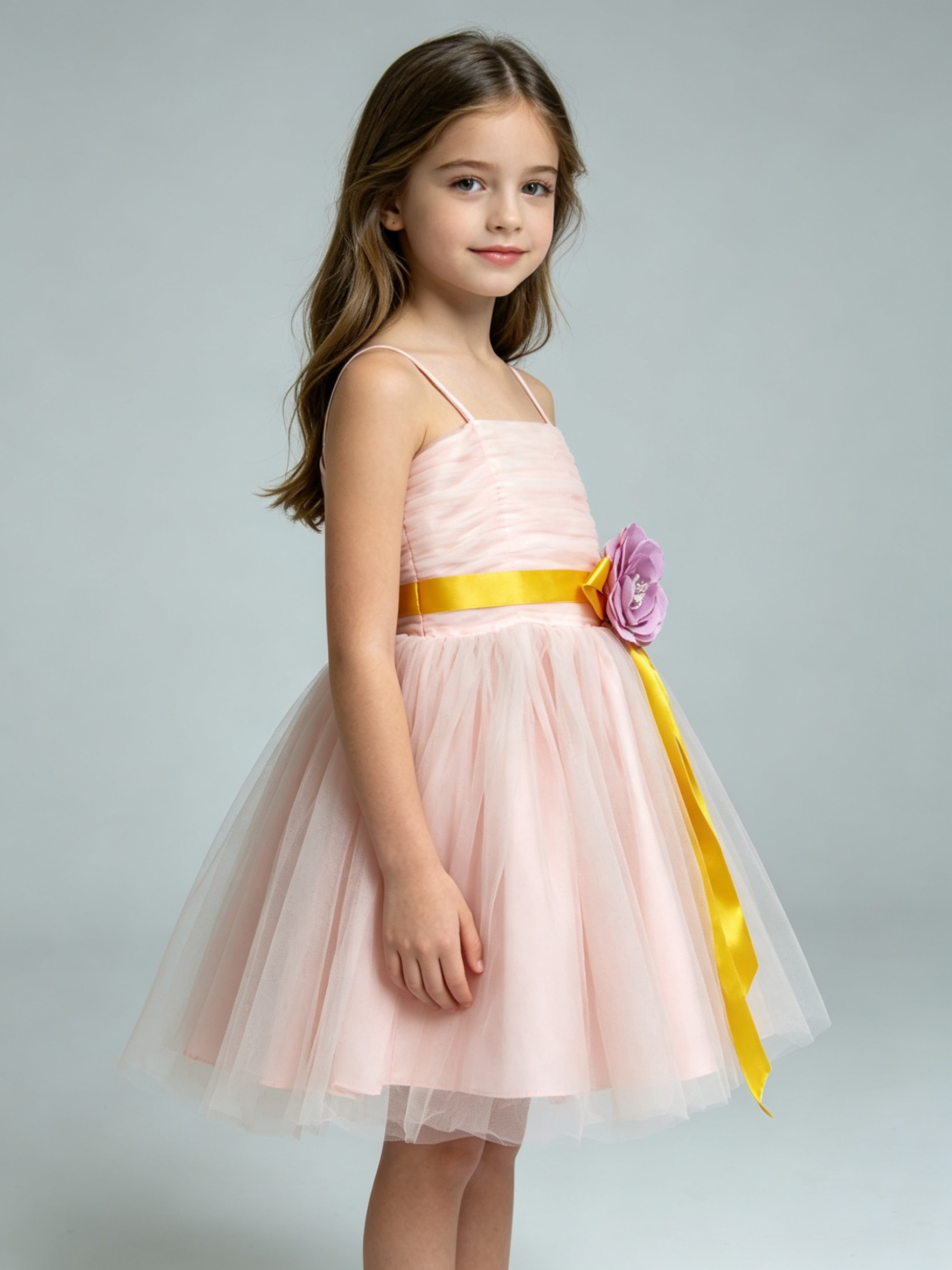 Blush Pink Girls Tulle Dress Spaghetti Strap Ruched Bodice Yellow Sash Purple Flower Girl Wedding Party Dress