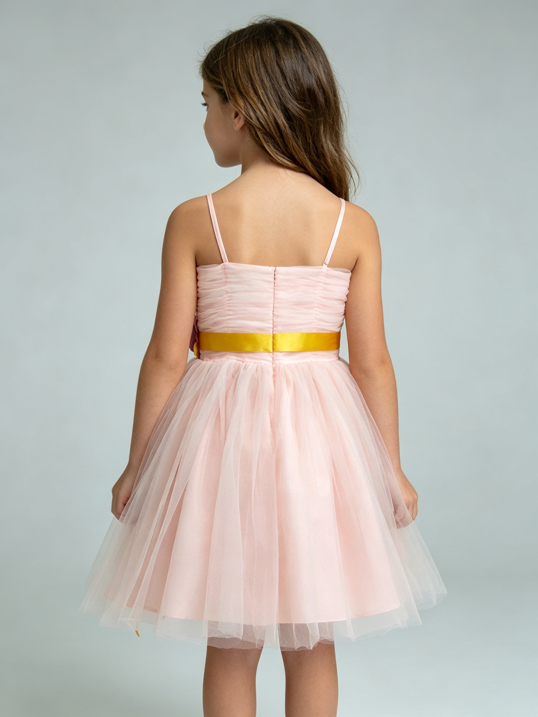 Blush Pink Girls Tulle Dress Spaghetti Strap Ruched Bodice Yellow Sash Purple Flower Girl Wedding Party Dress