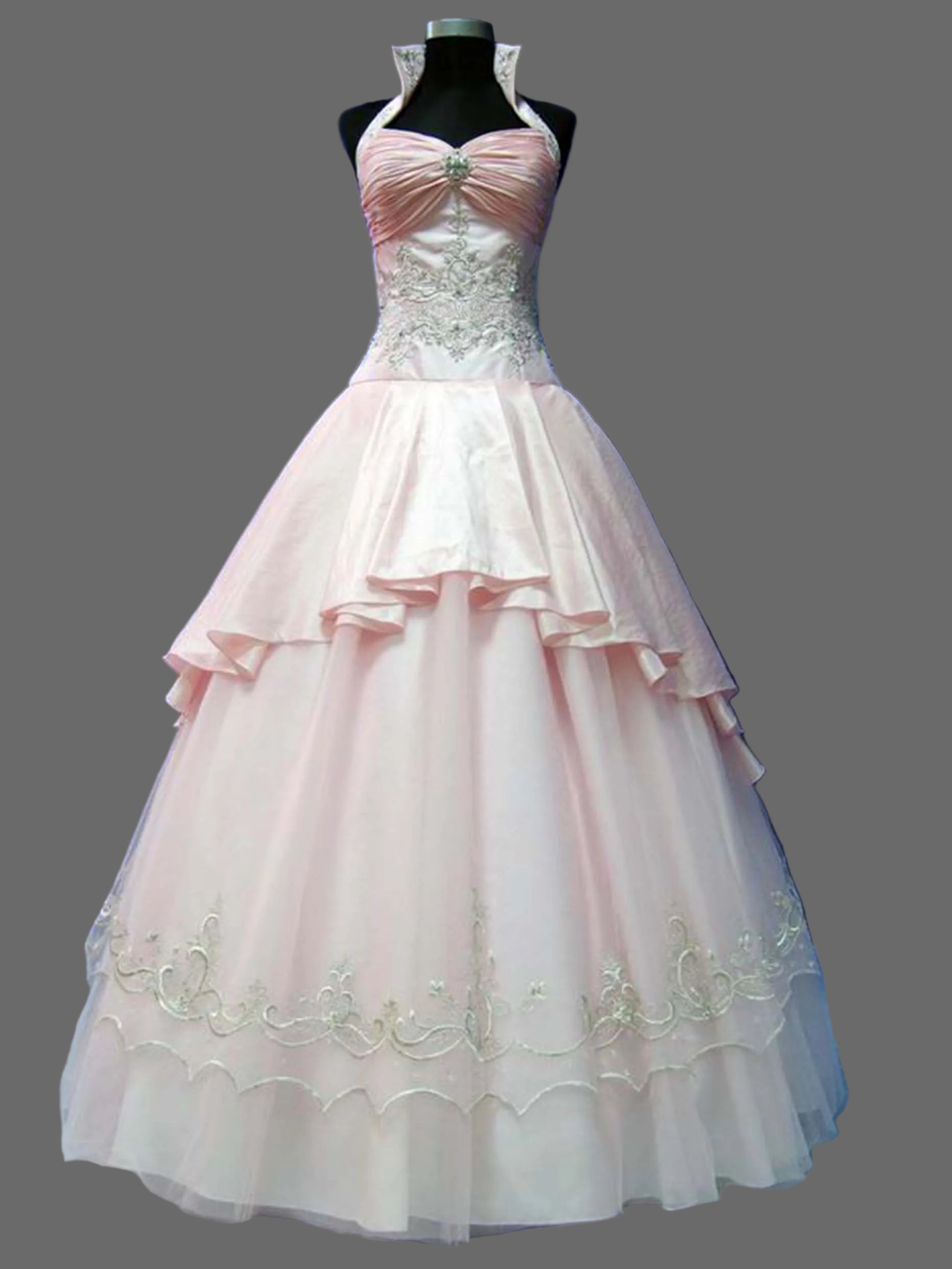 Blush Pink Quinceanera Ball Gown | Halter Peplum Dress with Silver Embroidery