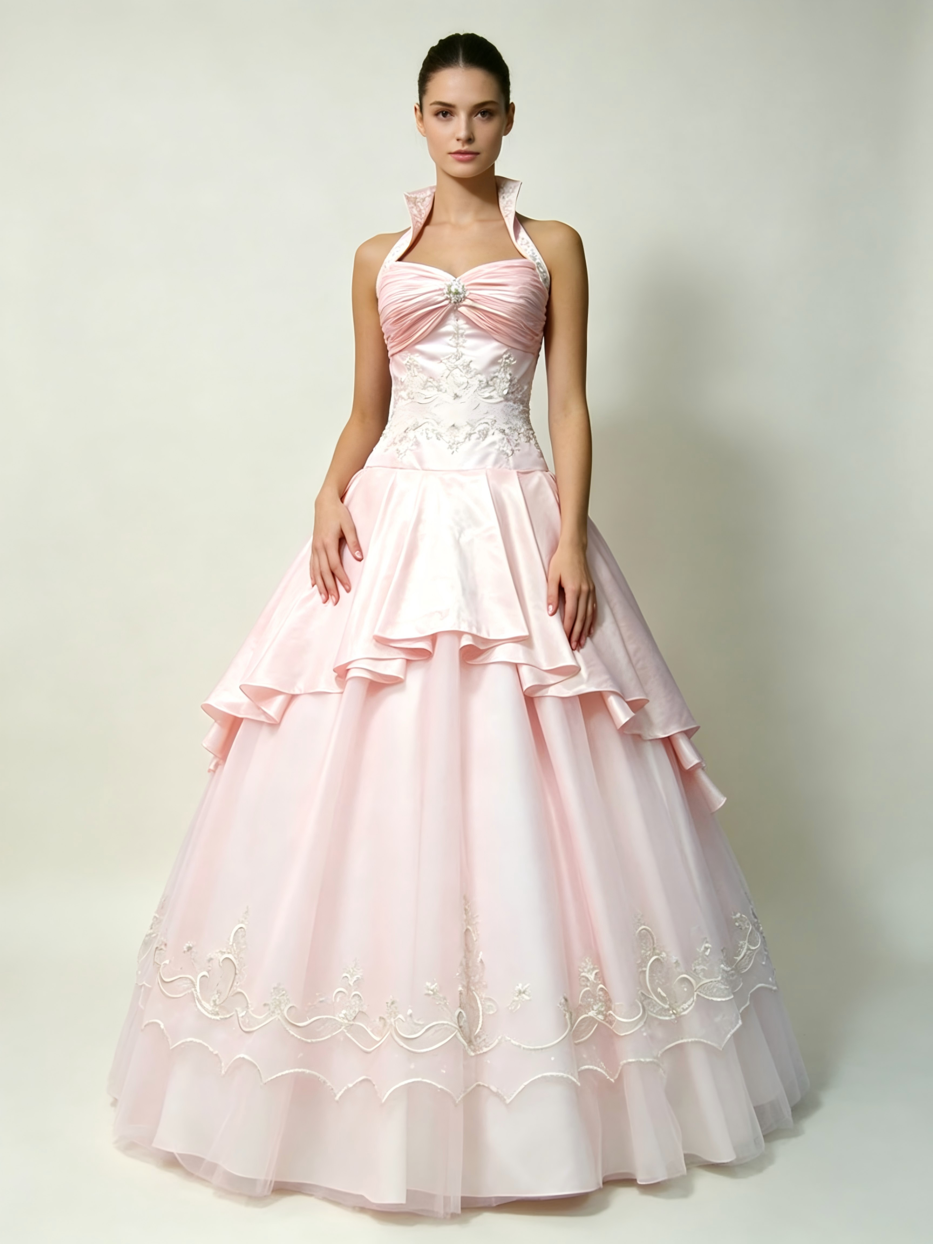 Blush Pink Quinceanera Ball Gown | Halter Peplum Dress with Silver Embroidery