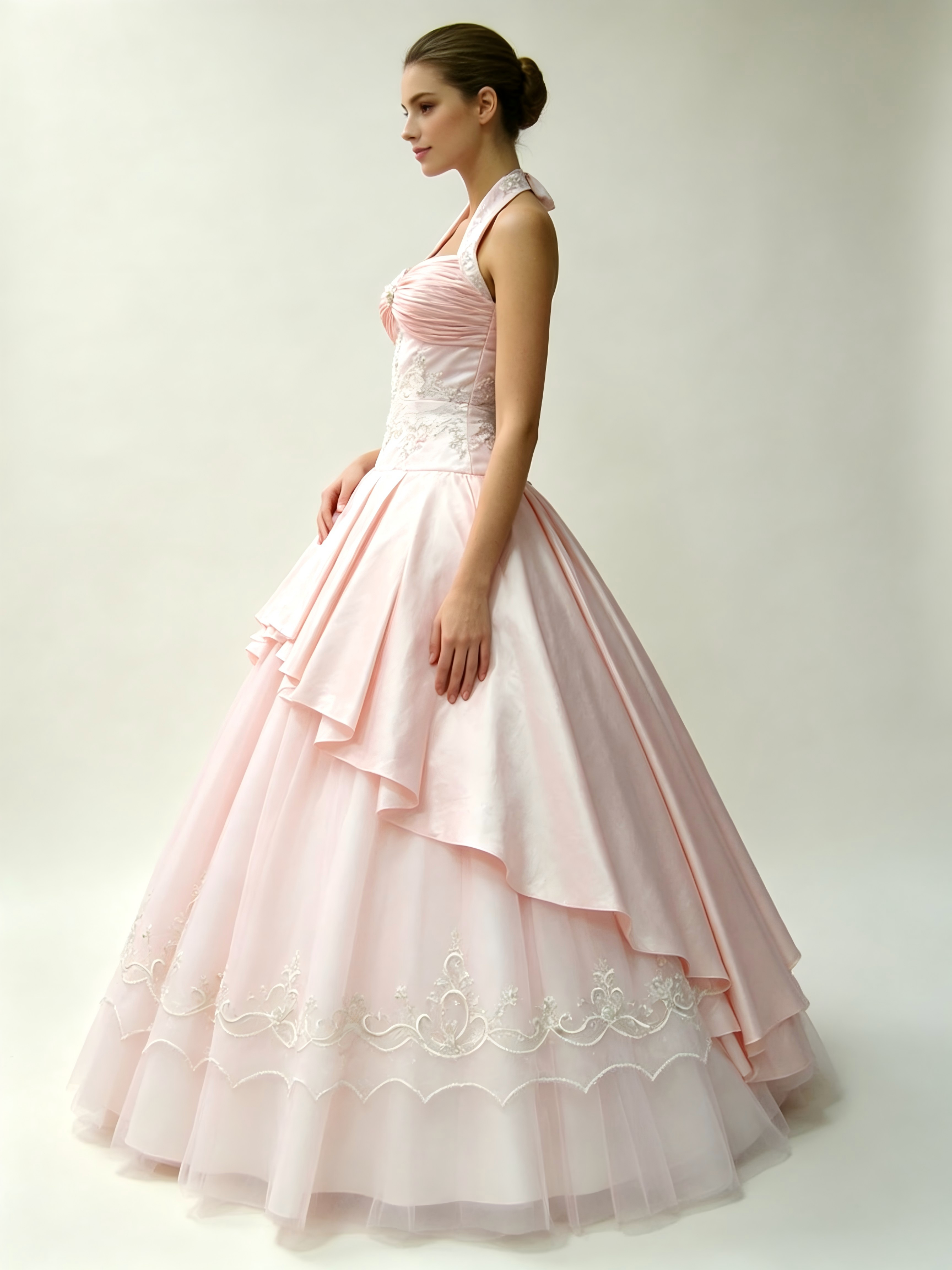 Blush Pink Quinceanera Ball Gown | Halter Peplum Dress with Silver Embroidery
