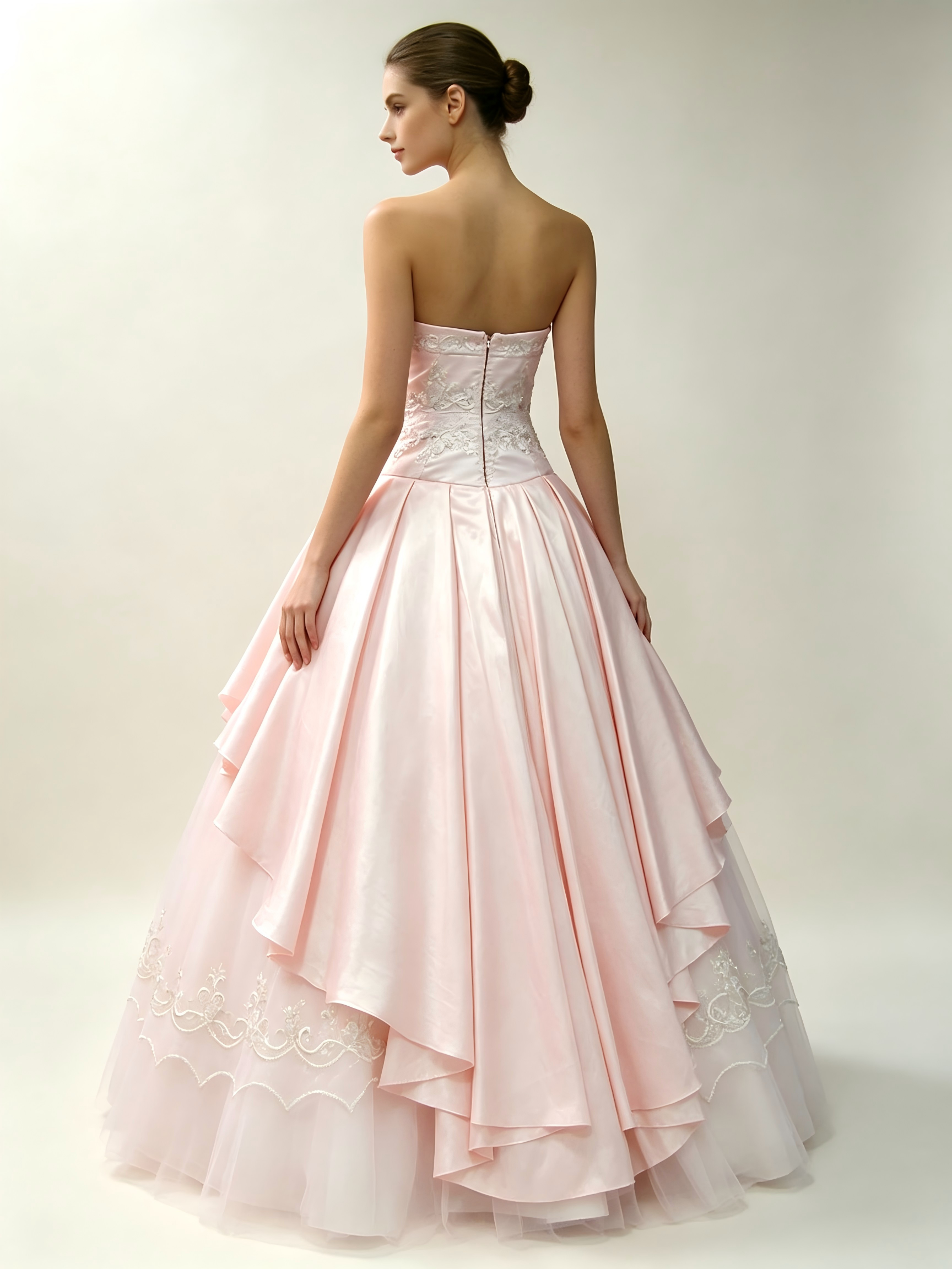 Blush Pink Quinceanera Ball Gown | Halter Peplum Dress with Silver Embroidery