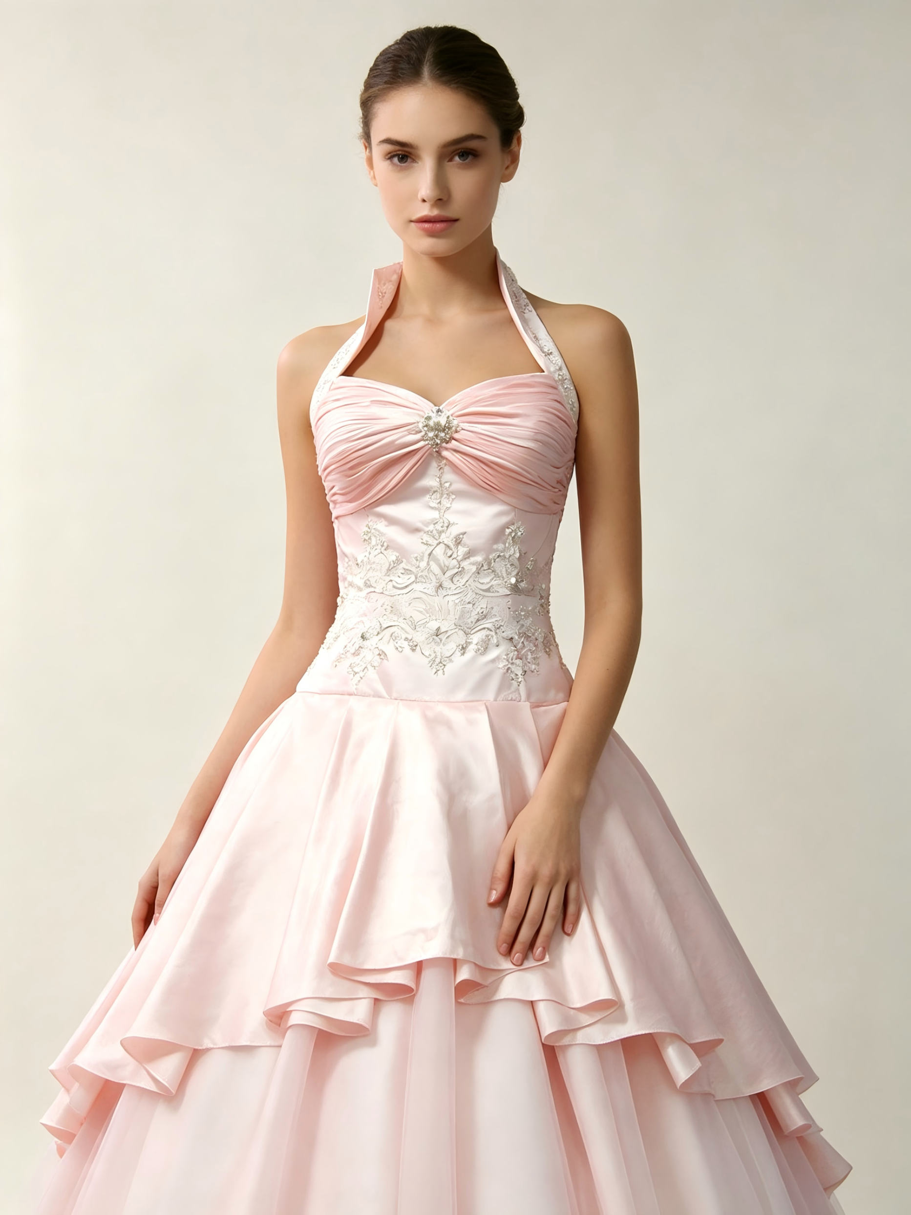 Blush Pink Quinceanera Ball Gown | Halter Peplum Dress with Silver Embroidery