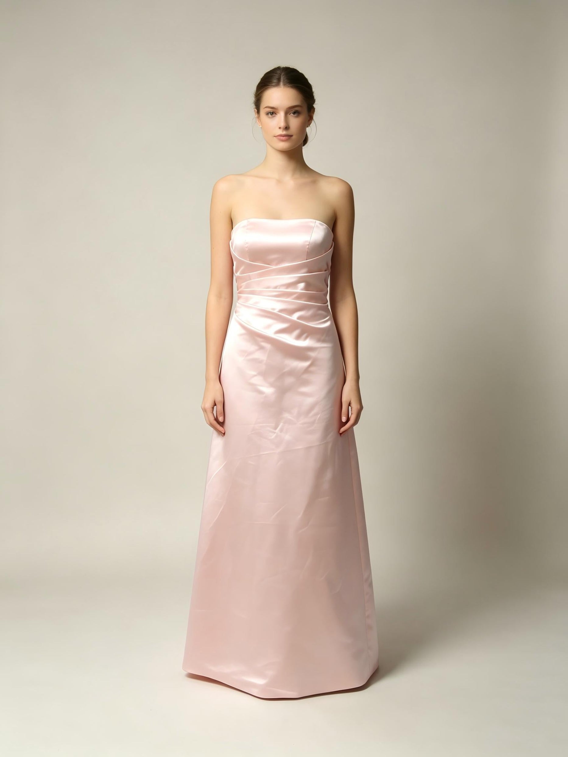 Blush Pink Strapless Satin Bridesmaid Dress – A-Line Ruched Waist Gown