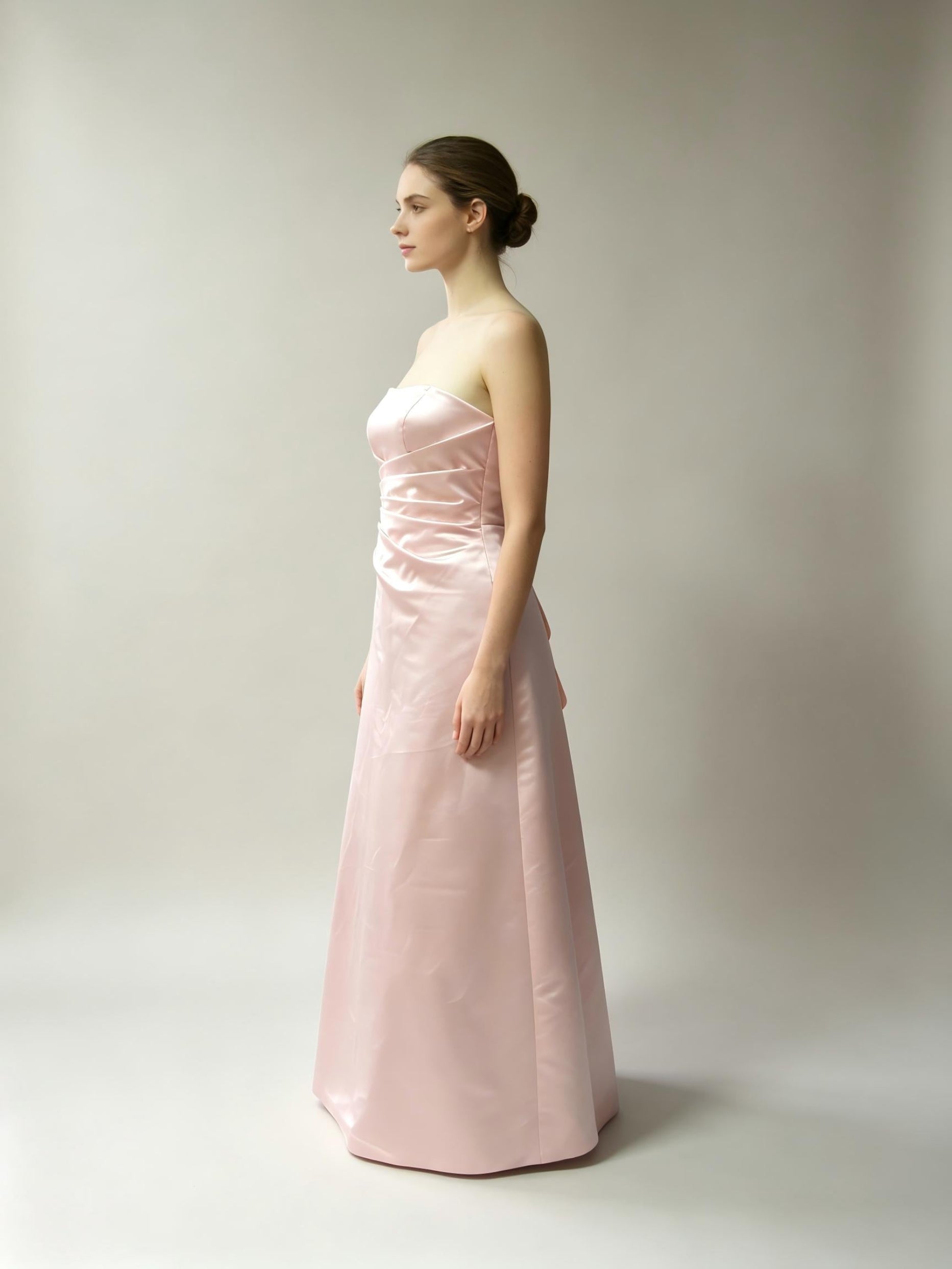 Blush Pink Strapless Satin Bridesmaid Dress – A-Line Ruched Waist Gown