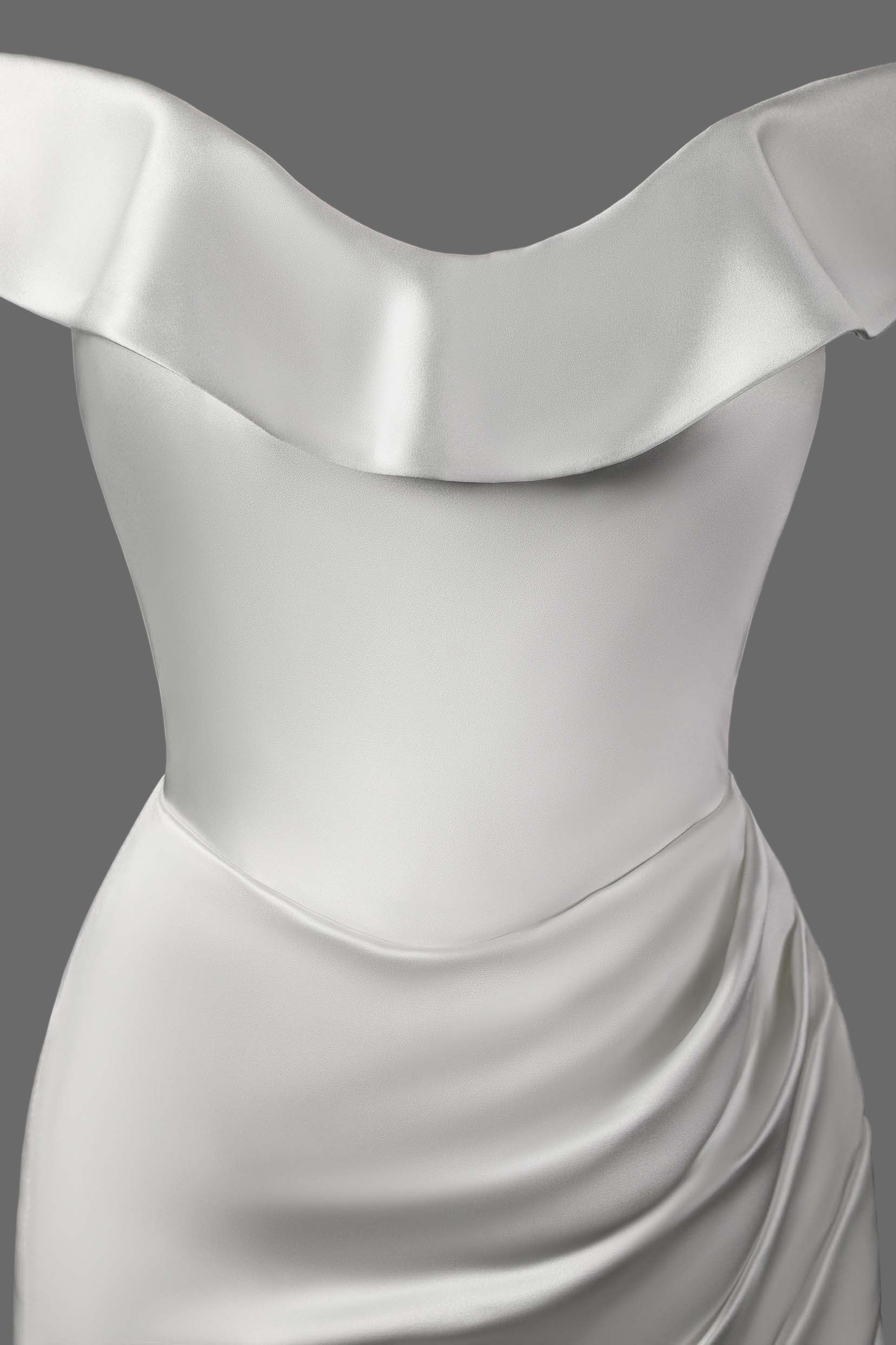 Off-Shoulder Satin Bridal Gown  with Ruched Skirt - Short Wedding Dress