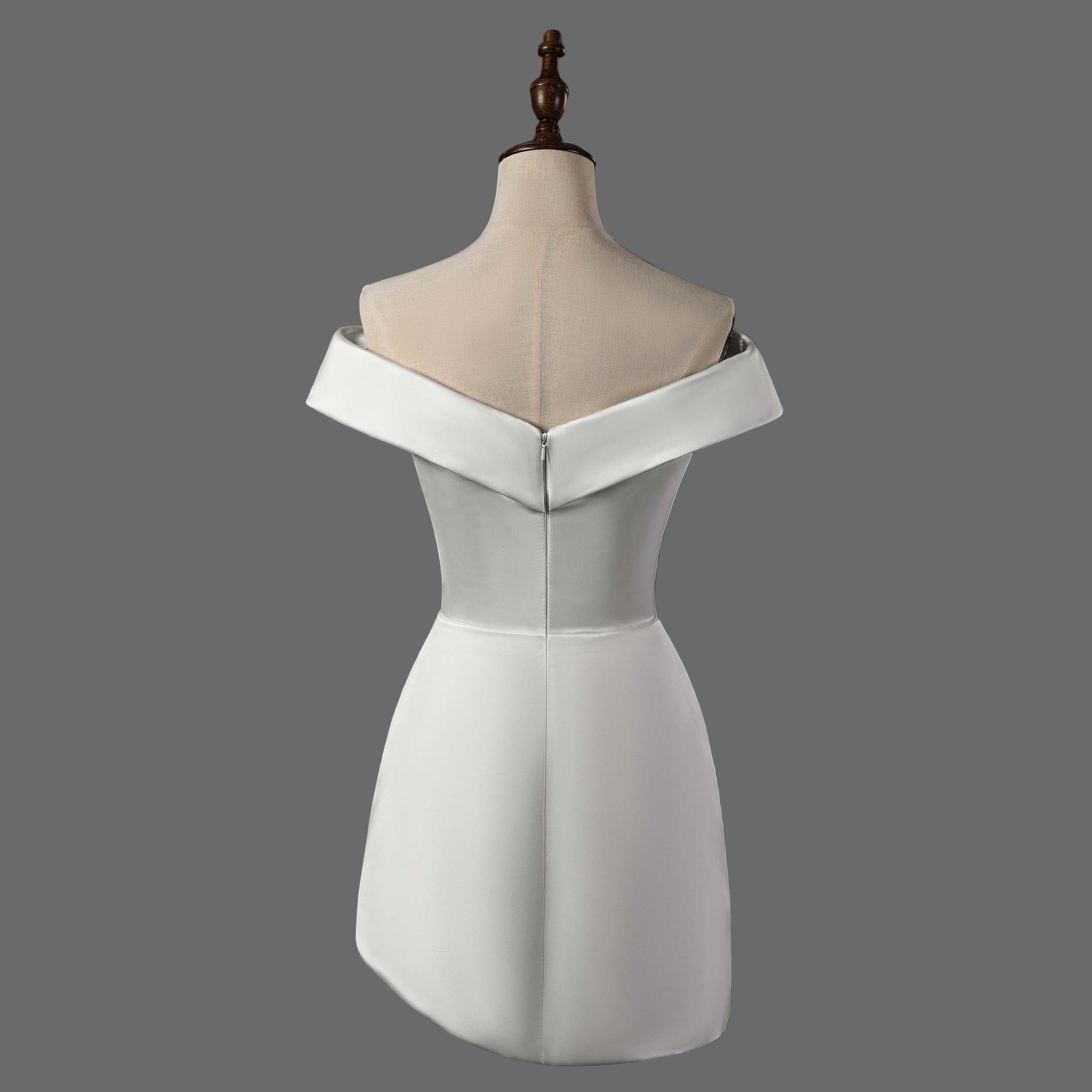 Off-Shoulder Satin Bridal Gown  with Ruched Skirt - Short Wedding Dress