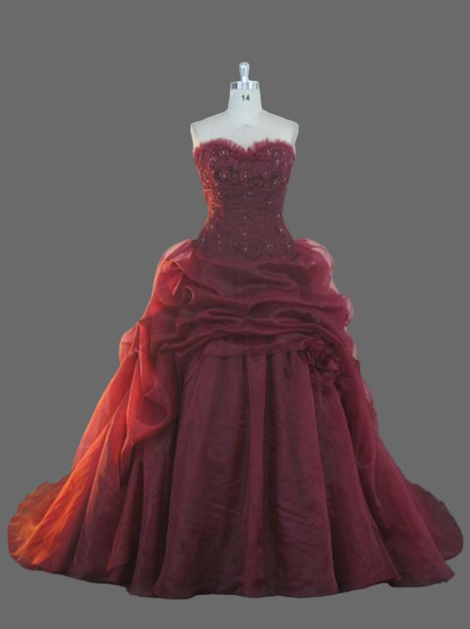 Burgundy Ball Gown Wedding Dress Strapless Sweetheart Lace Beaded Organza Pick-Up Bridal Gown with Chapel Train