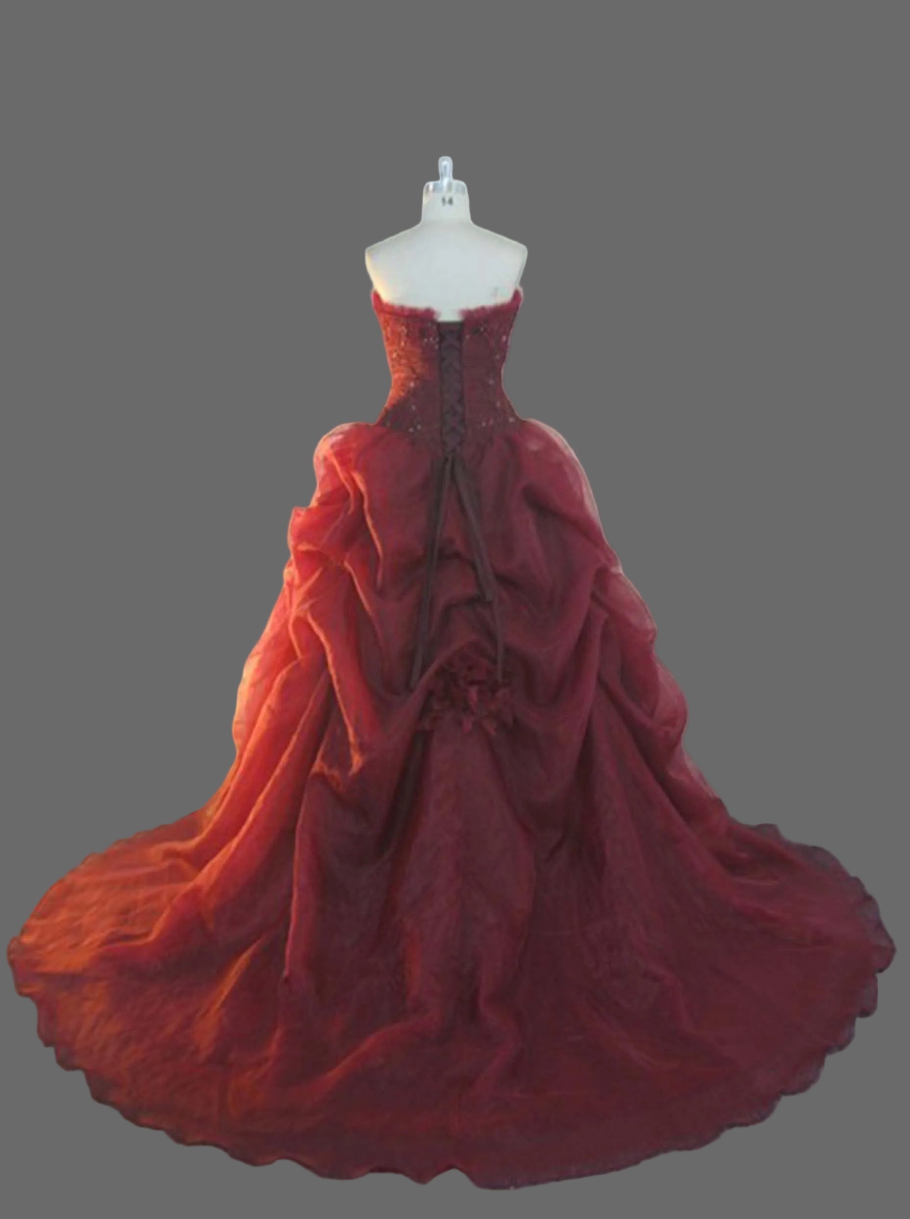 Burgundy Ball Gown Wedding Dress Strapless Sweetheart Lace Beaded Organza Pick-Up Bridal Gown with Chapel Train