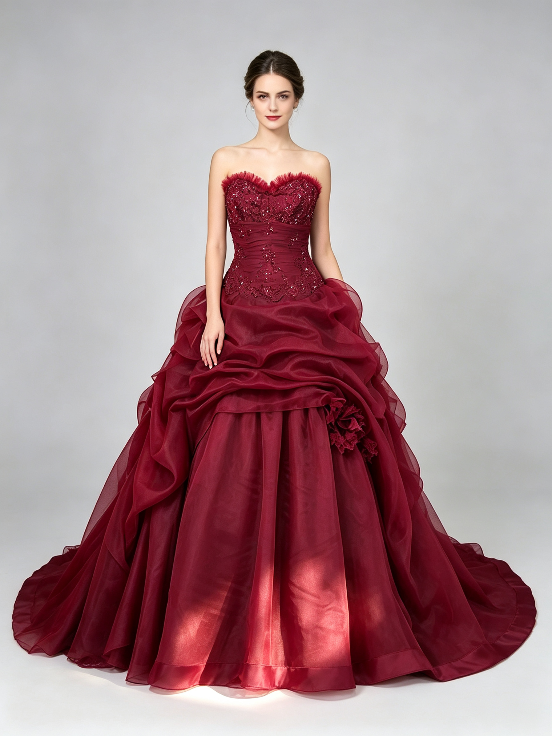 Burgundy Ball Gown Wedding Dress Strapless Sweetheart Lace Beaded Organza Pick-Up Bridal Gown with Chapel Train