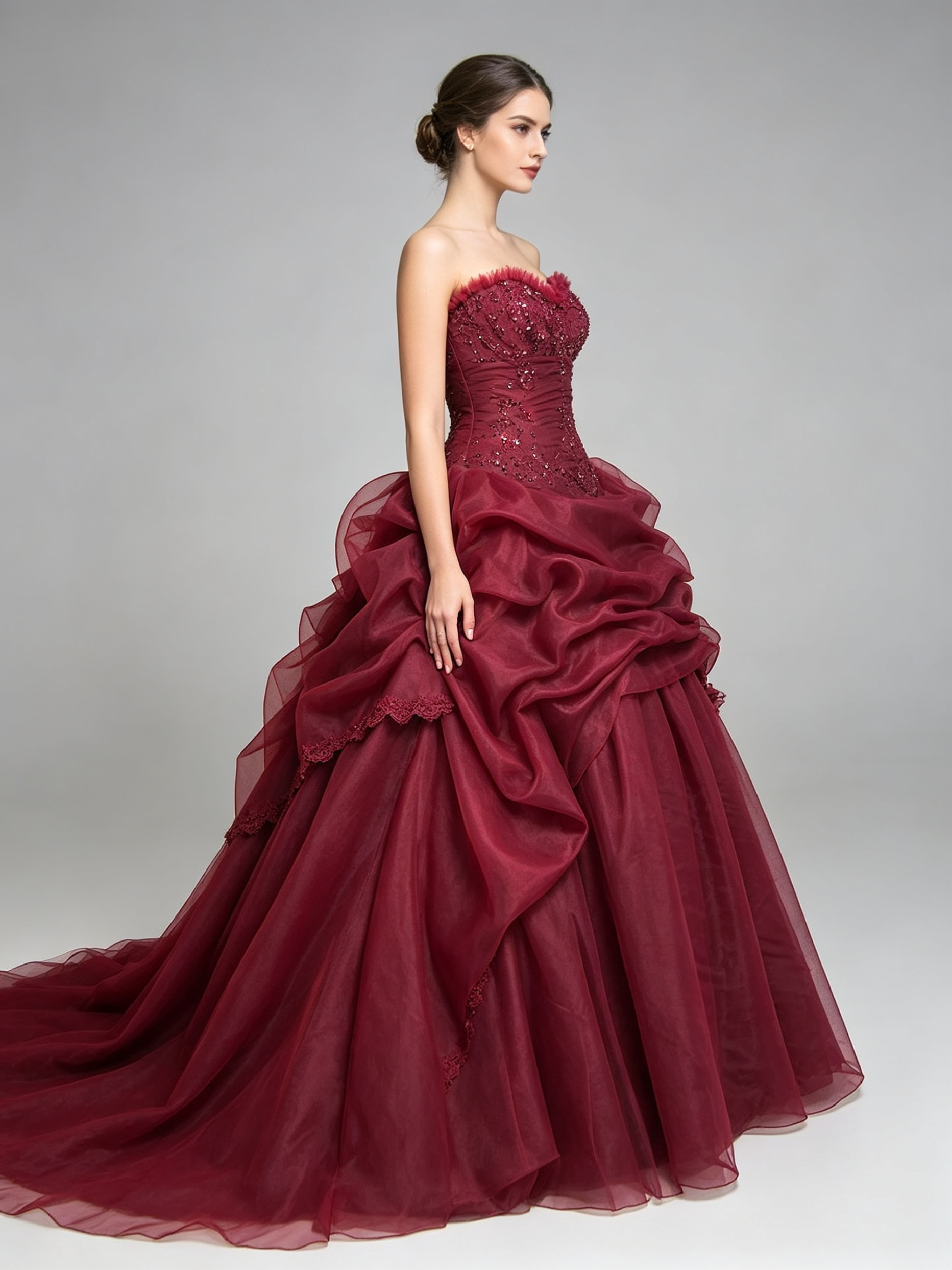 Burgundy Ball Gown Wedding Dress Strapless Sweetheart Lace Beaded Organza Pick-Up Bridal Gown with Chapel Train