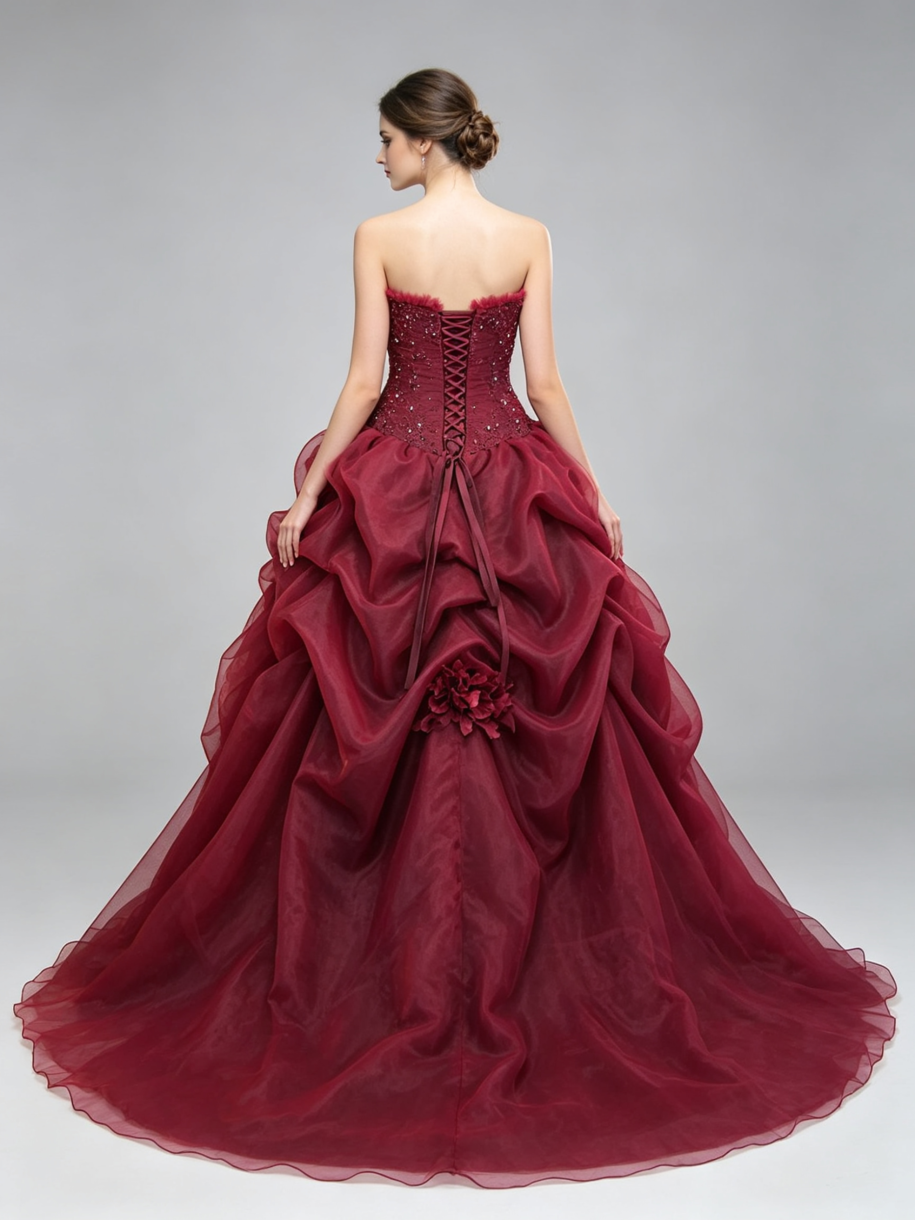 Burgundy Ball Gown Wedding Dress Strapless Sweetheart Lace Beaded Organza Pick-Up Bridal Gown with Chapel Train