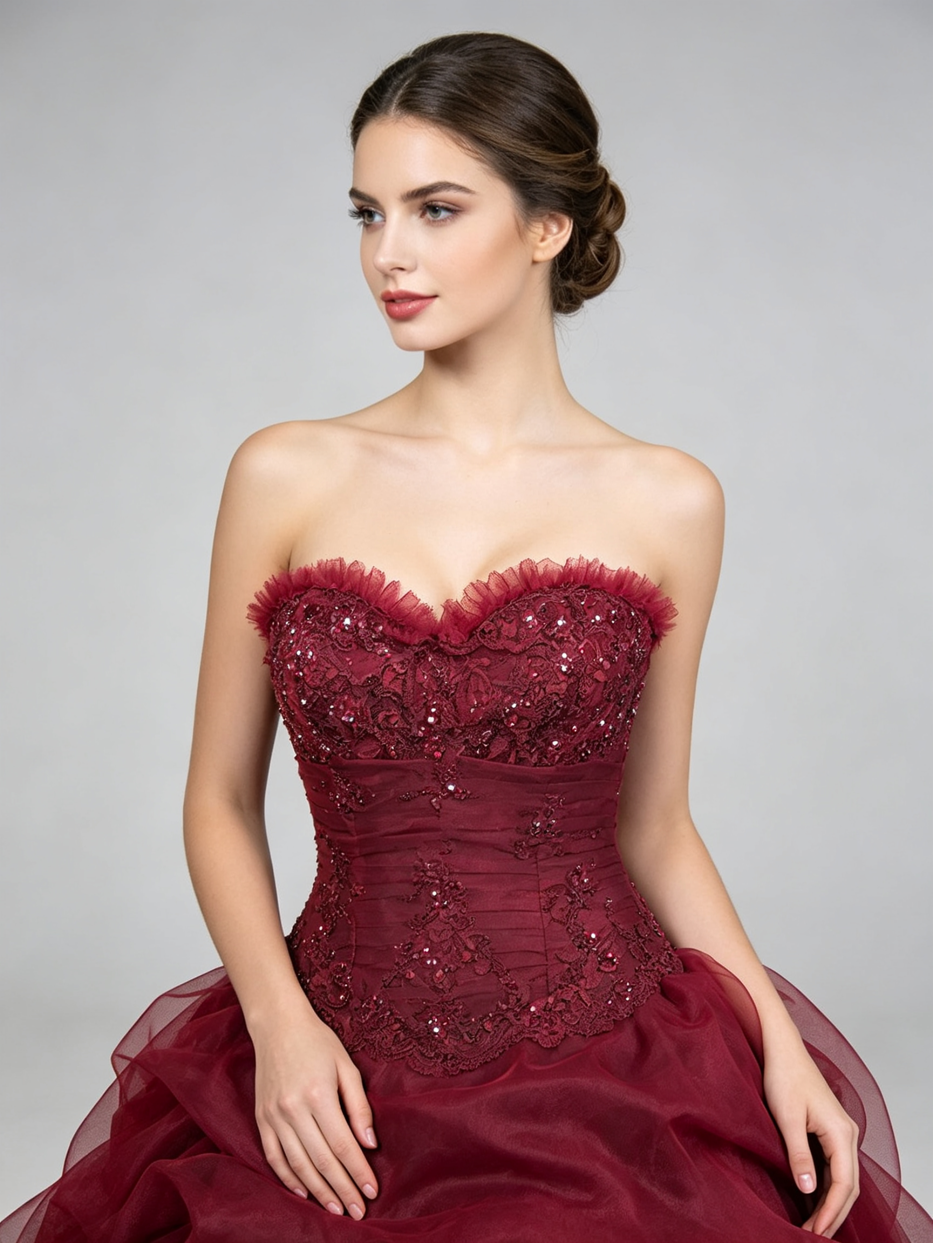 Burgundy Ball Gown Wedding Dress Strapless Sweetheart Lace Beaded Organza Pick-Up Bridal Gown with Chapel Train
