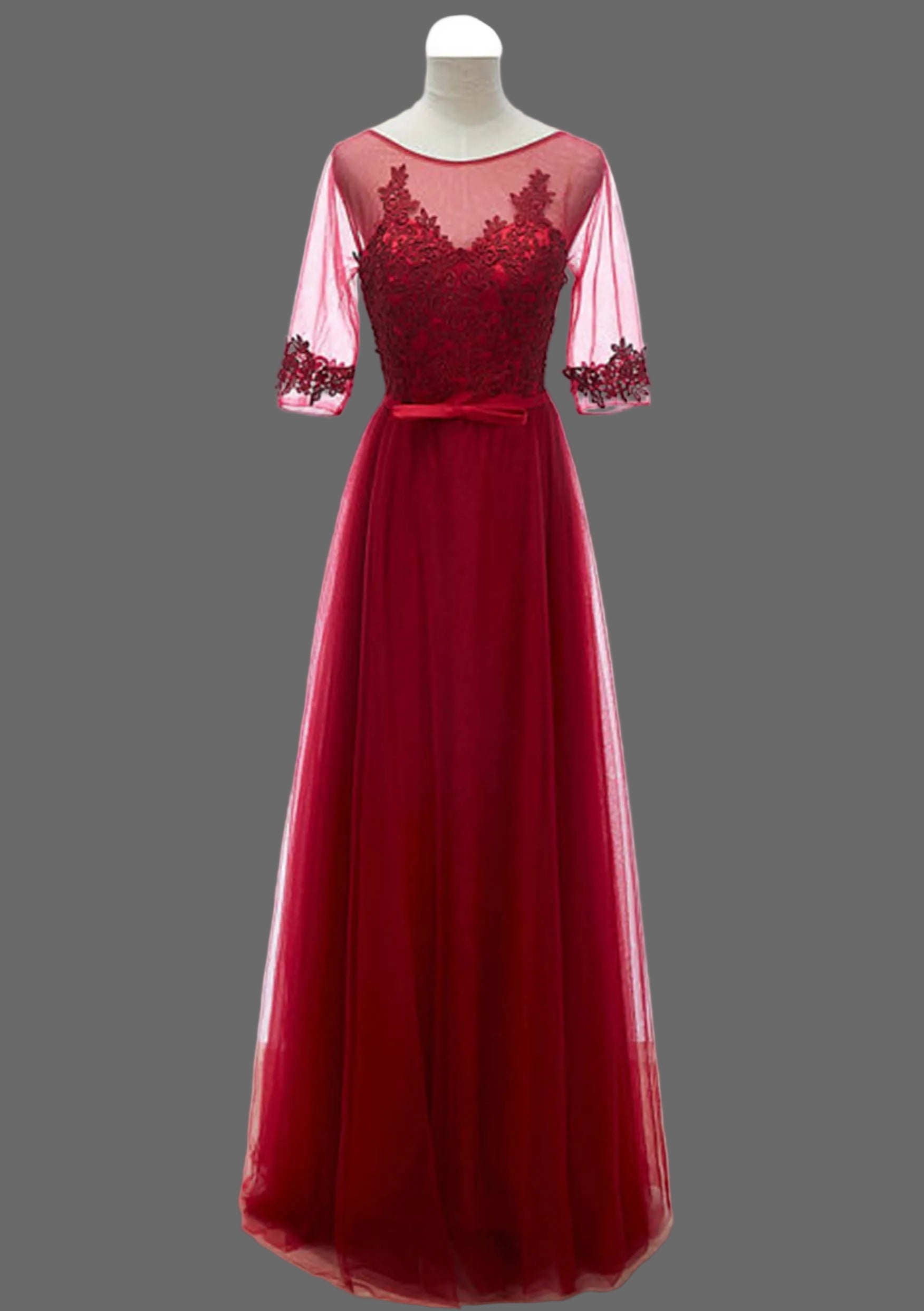 Burgundy Lace Mother of the Bride Dress - Illusion Sleeve A-Line Evening Gown