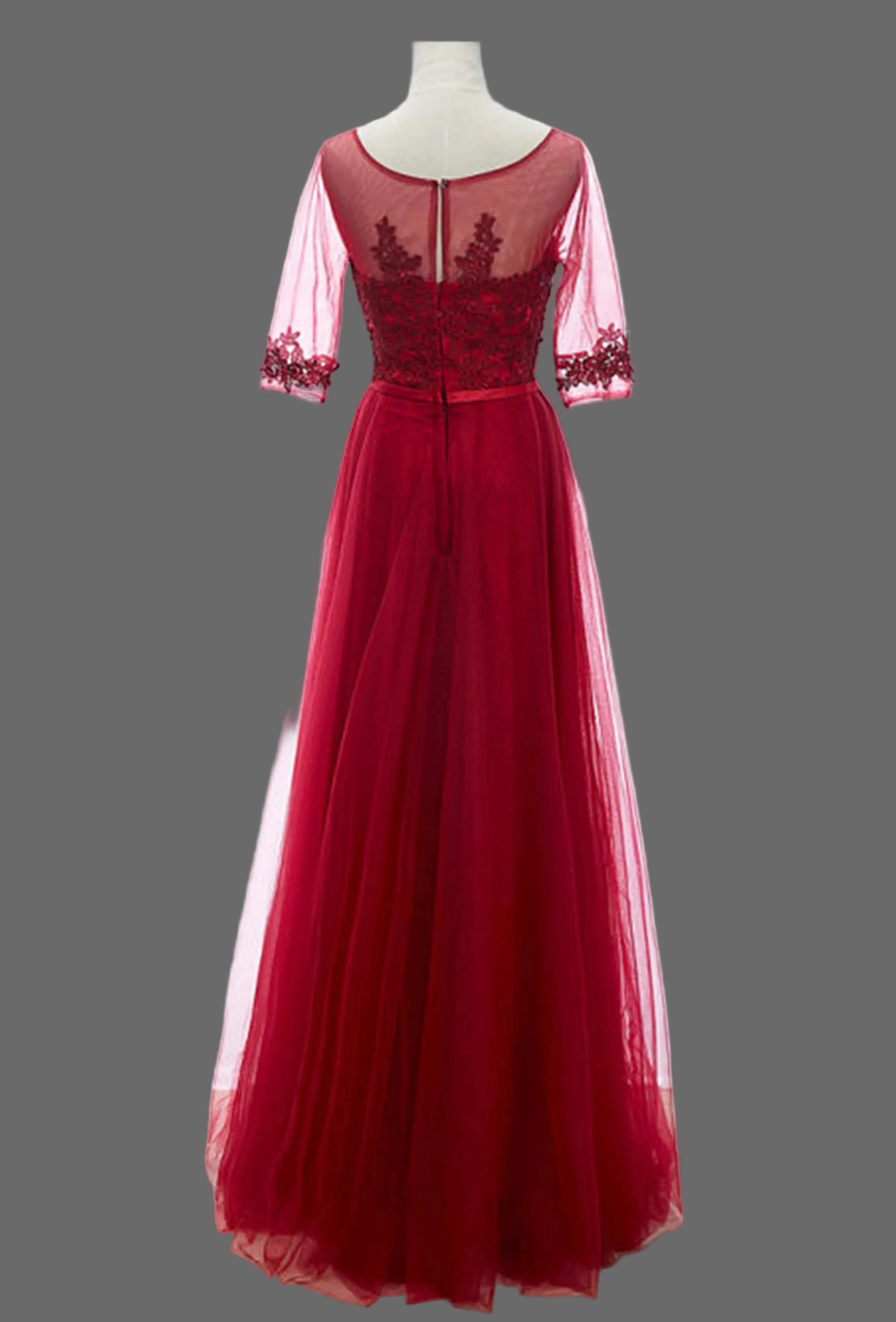 Burgundy Lace Mother of the Bride Dress - Illusion Sleeve A-Line Evening Gown