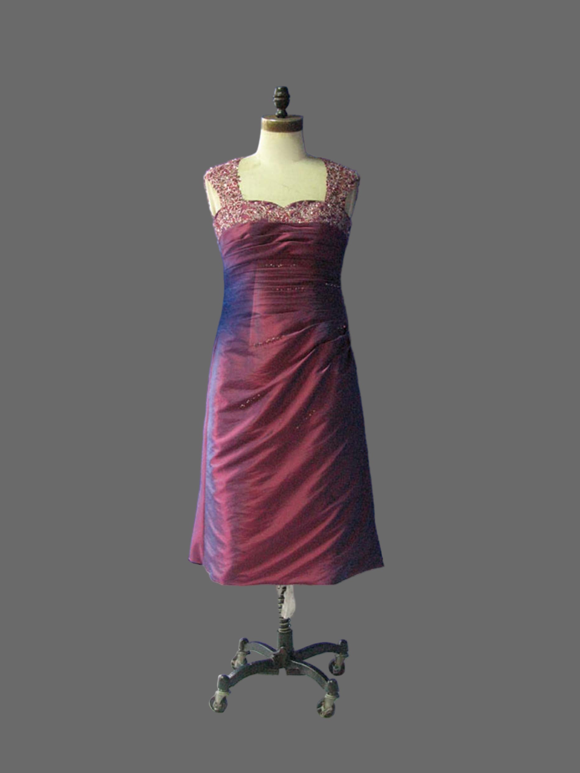Burgundy Mother of the Bride Dress - Beaded Cap Sleeve Knee Length Formal Gown