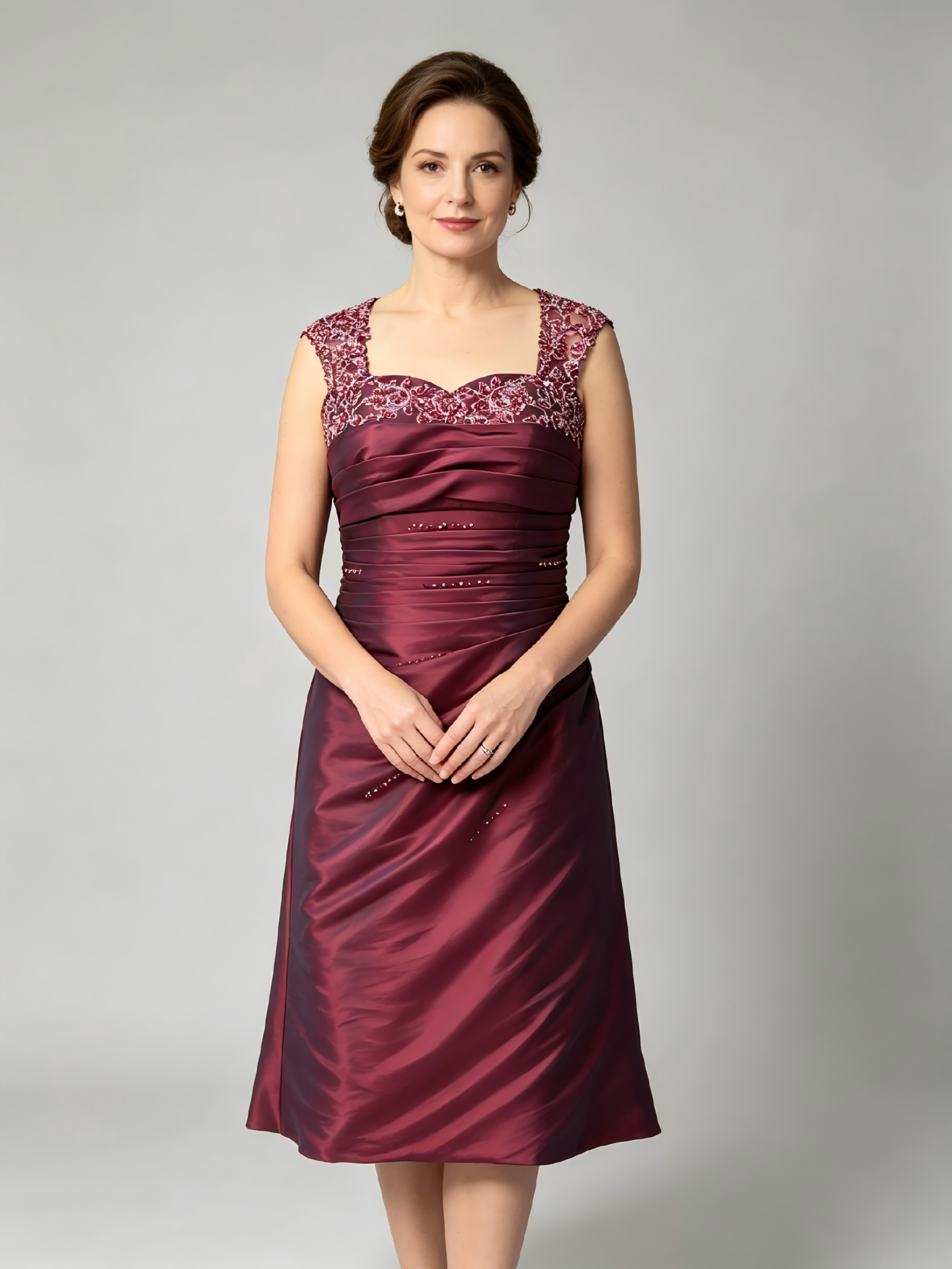 Burgundy Mother of the Bride Dress - Beaded Cap Sleeve Knee Length Formal Gown