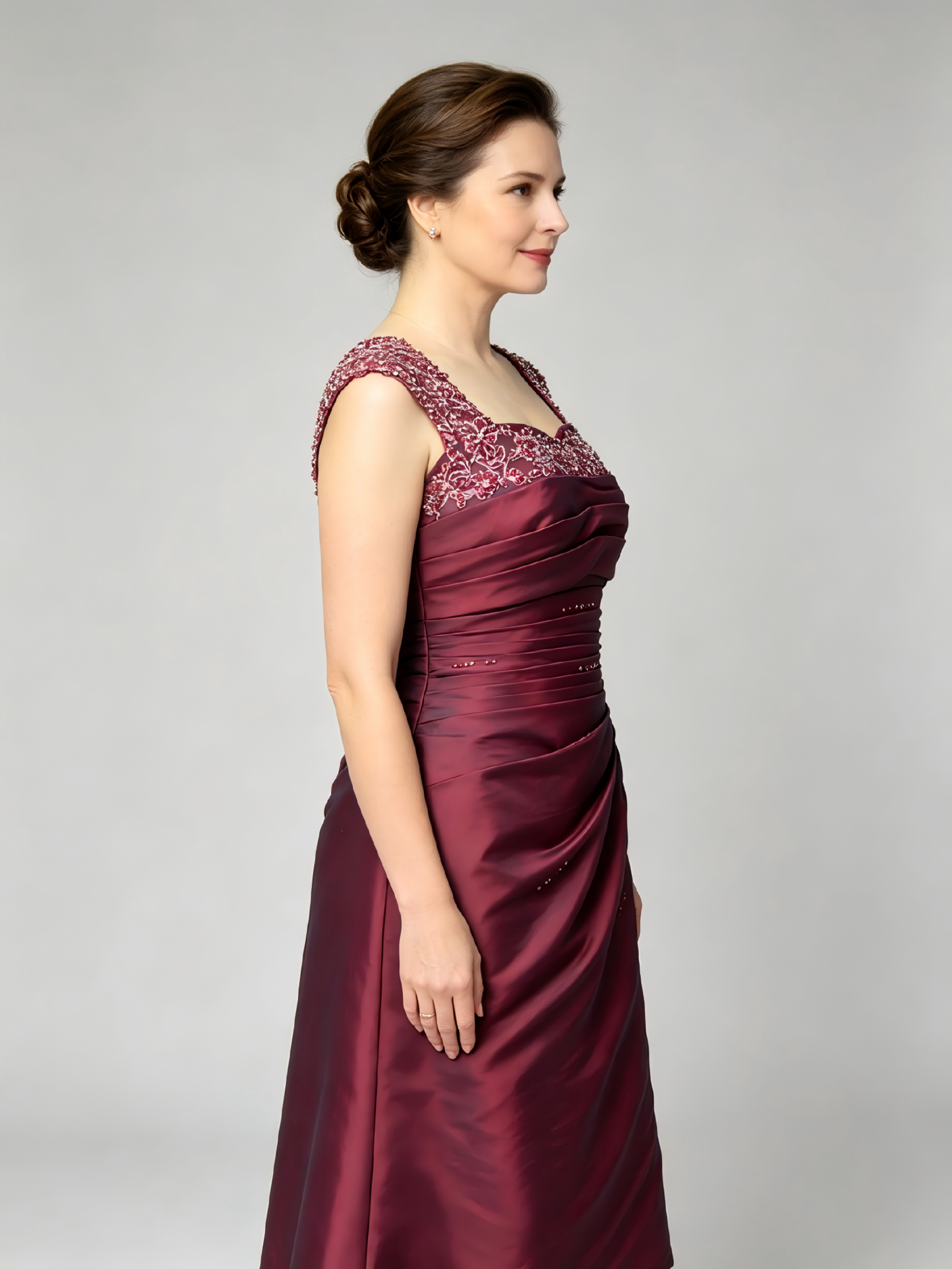 Burgundy Mother of the Bride Dress - Beaded Cap Sleeve Knee Length Formal Gown