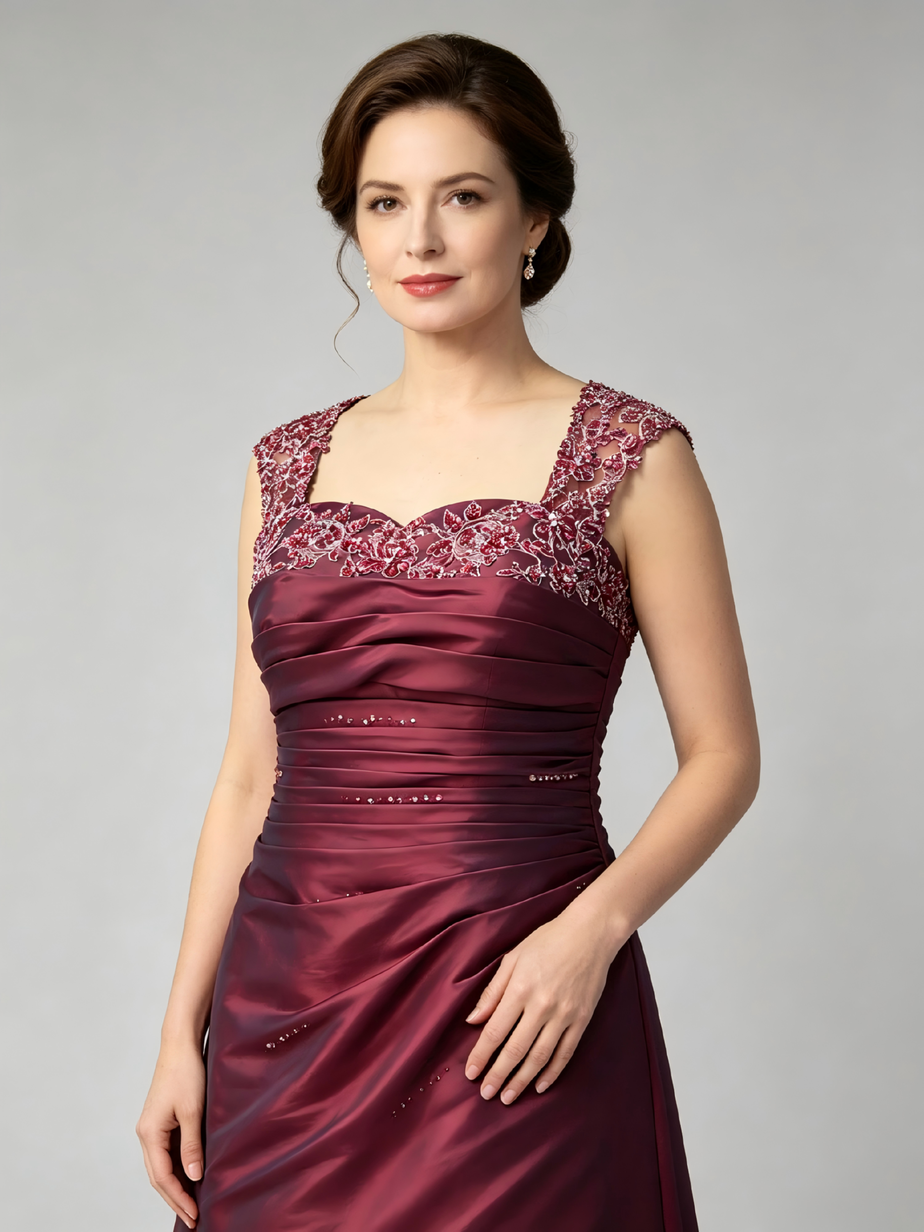 Burgundy Mother of the Bride Dress - Beaded Cap Sleeve Knee Length Formal Gown