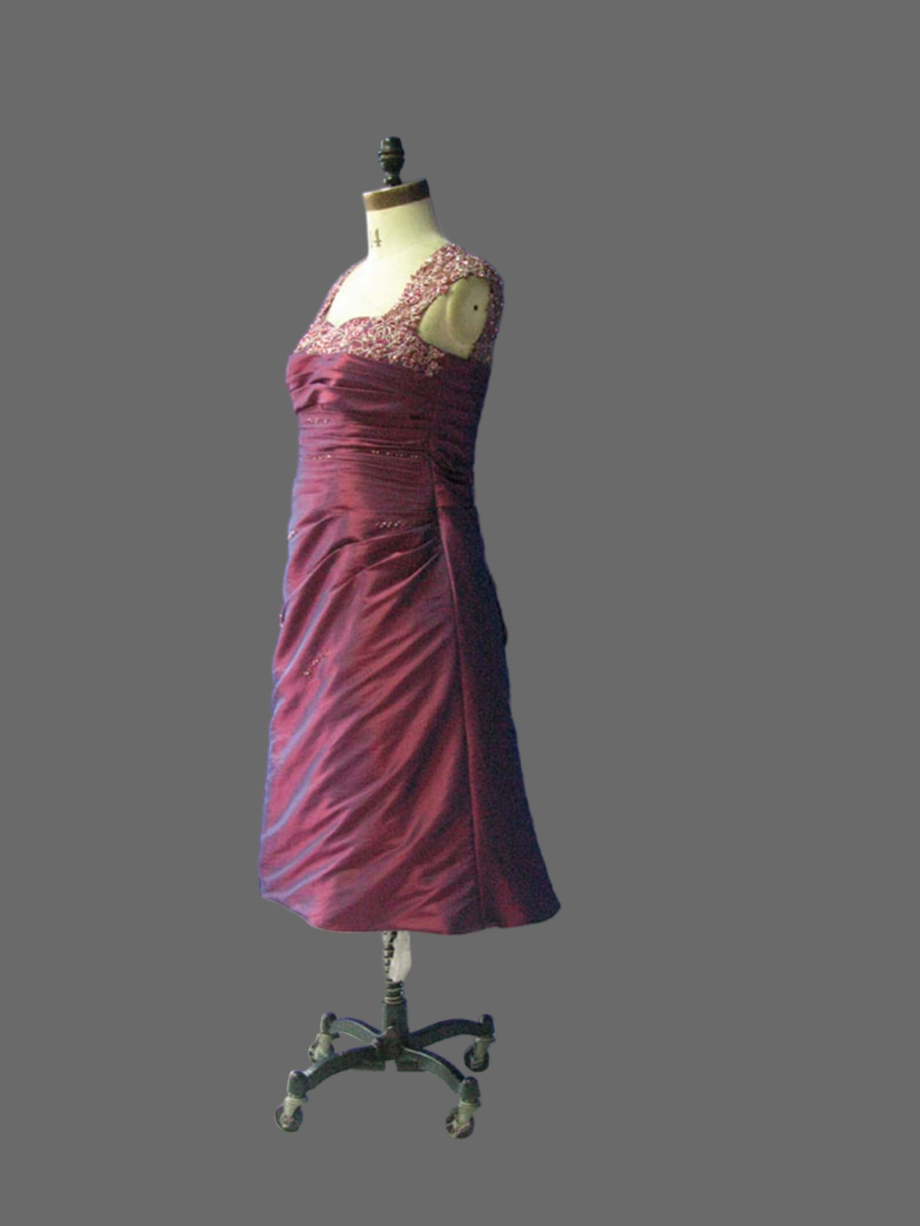 Burgundy Mother of the Bride Dress - Beaded Cap Sleeve Knee Length Formal Gown