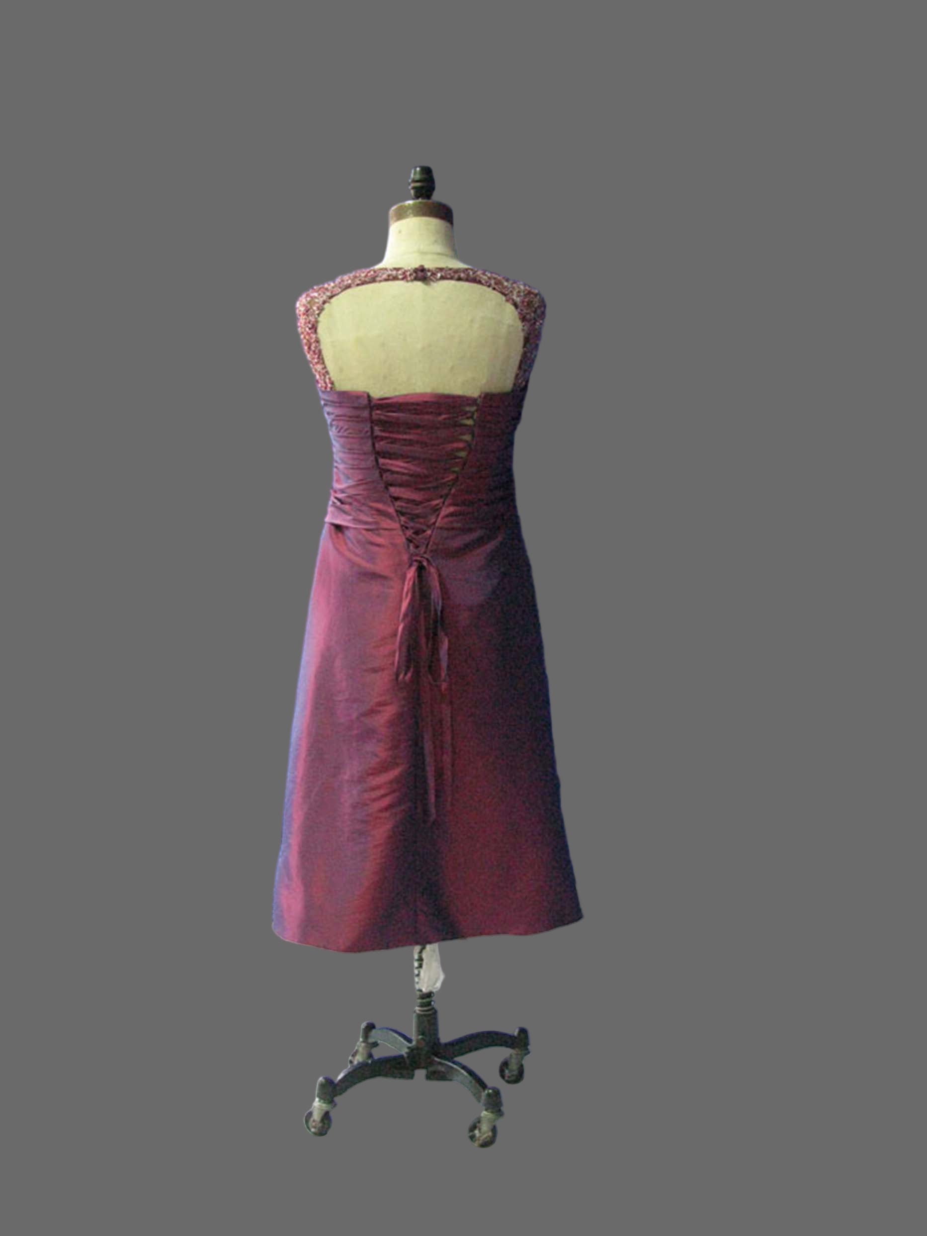 Burgundy Mother of the Bride Dress - Beaded Cap Sleeve Knee Length Formal Gown