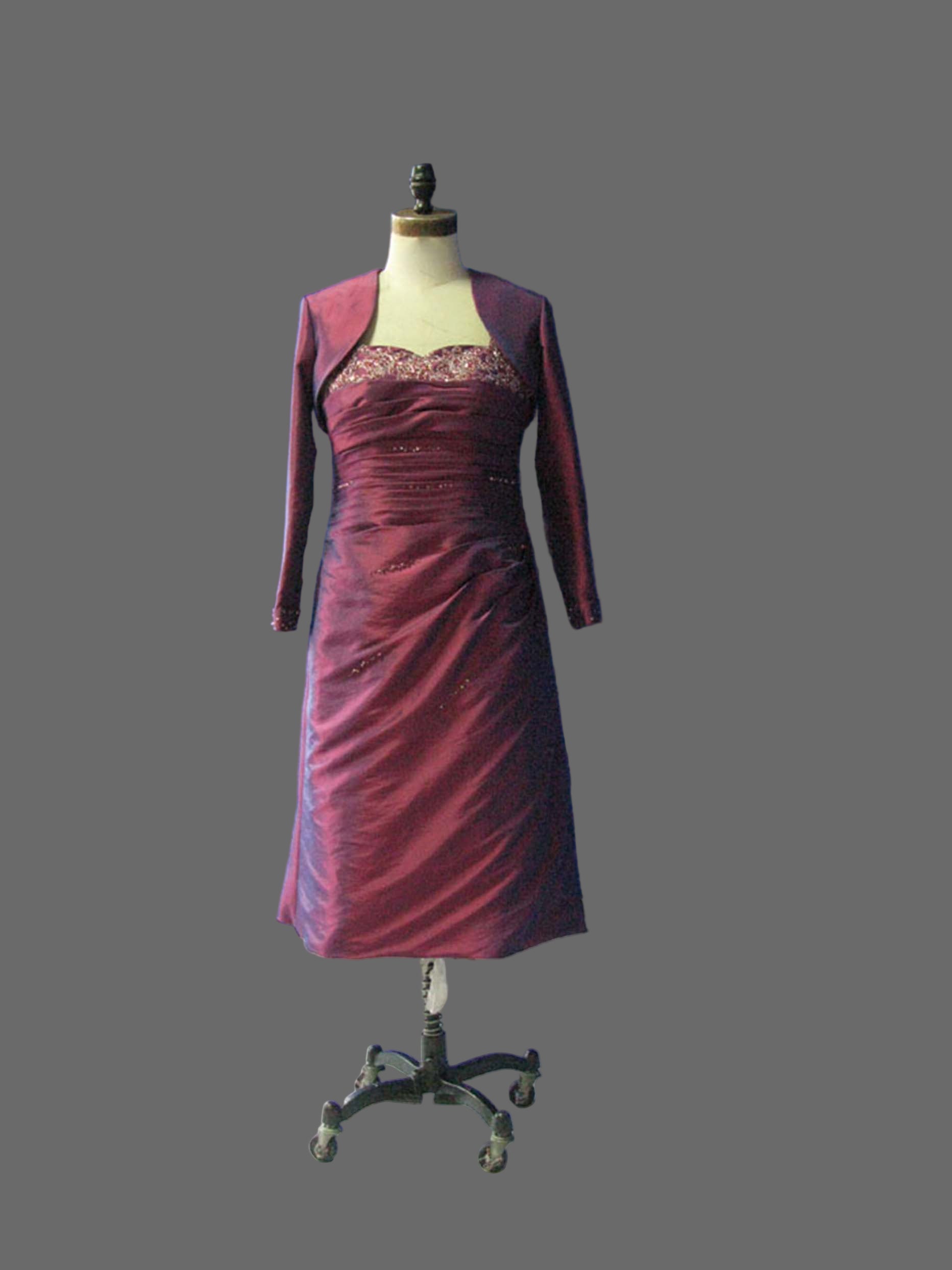 Burgundy Mother of the Bride Dress - Beaded Cap Sleeve Knee Length Formal Gown