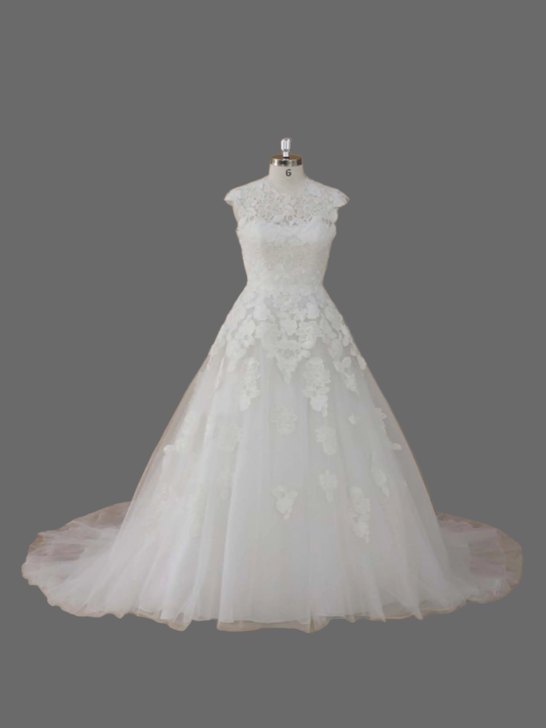 Cap Sleeve A-Line Wedding Dress with 3D Floral Sash & Tulle Skirt