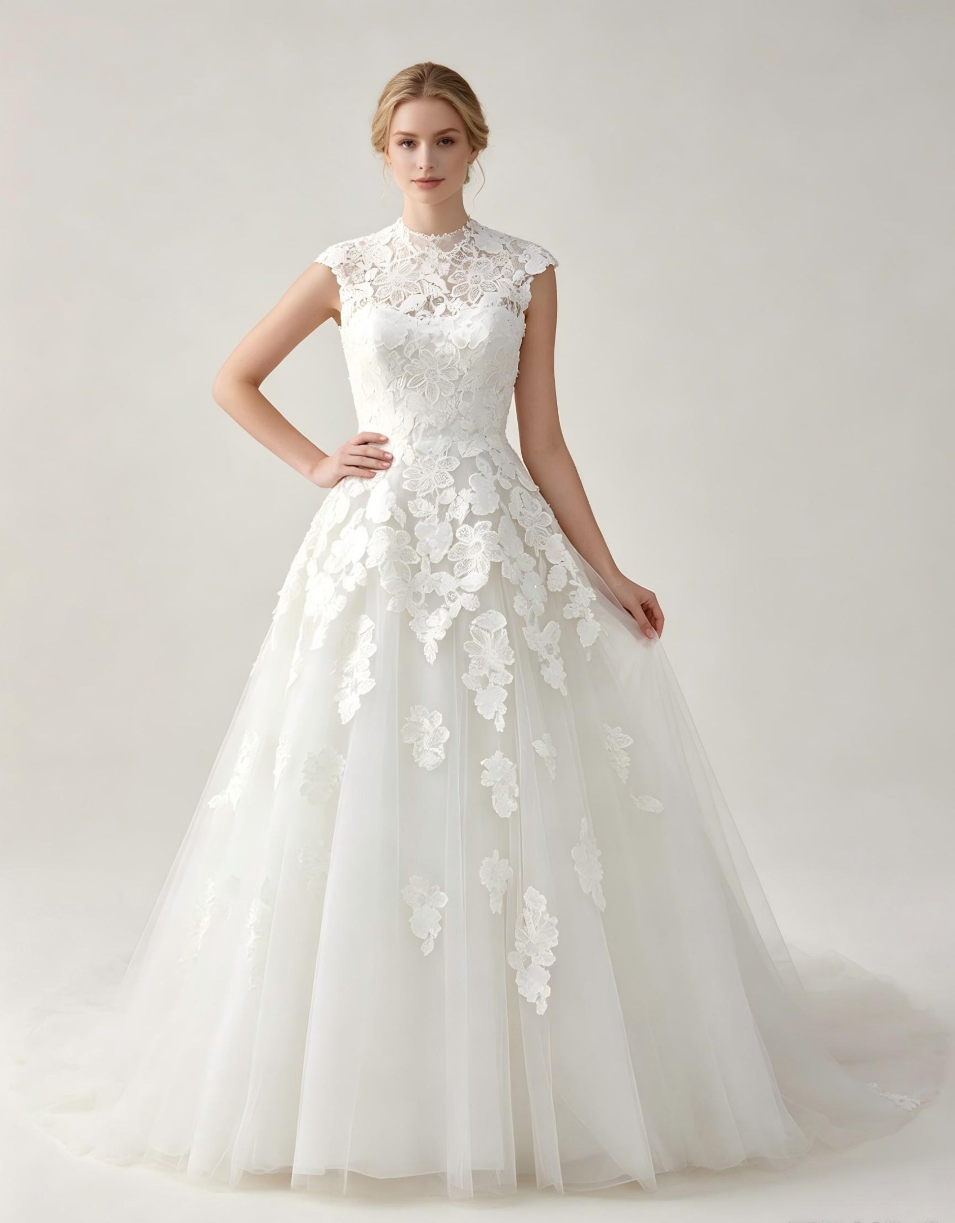 Cap Sleeve A-Line Wedding Dress with 3D Floral Sash & Tulle Skirt