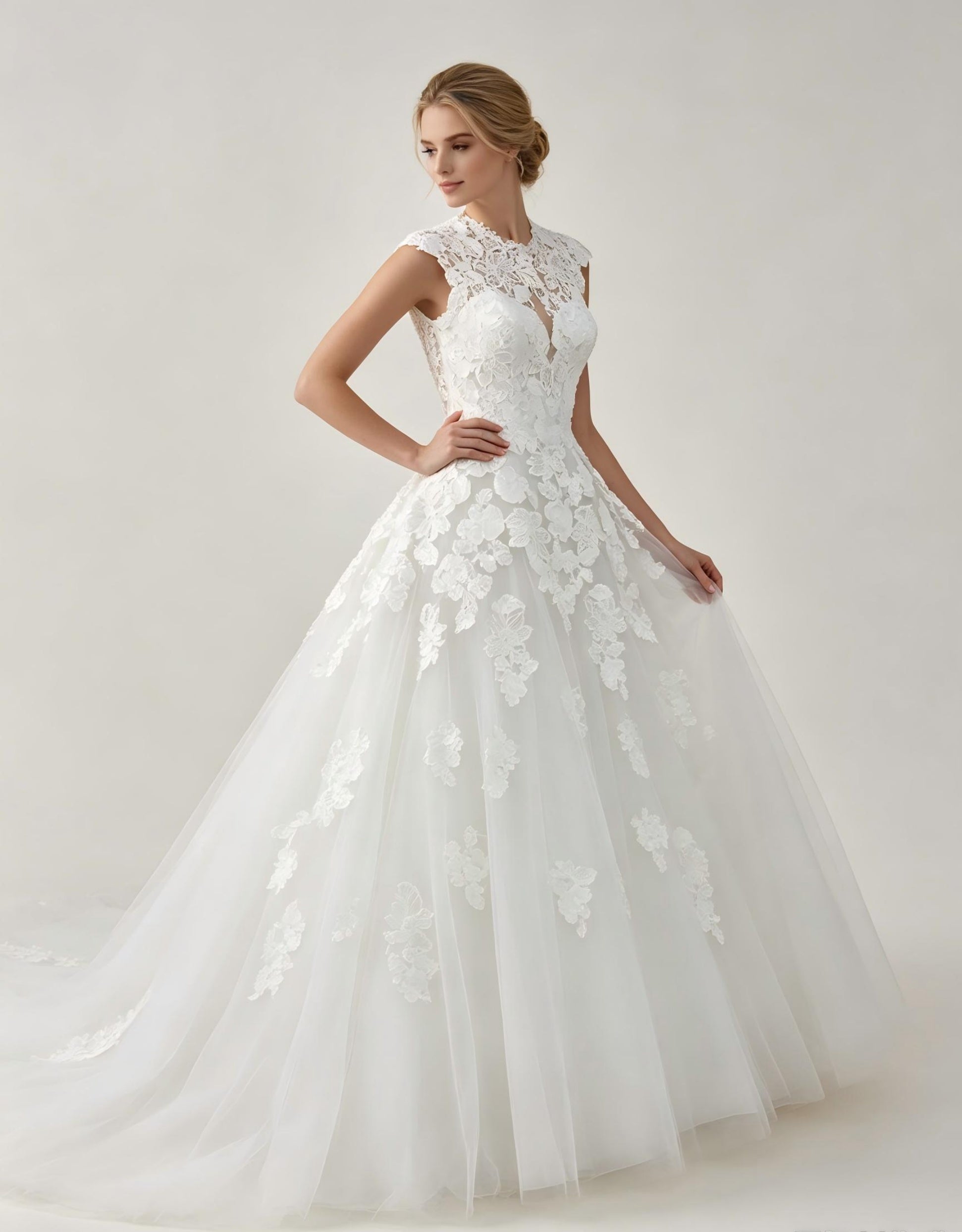 Cap Sleeve A-Line Wedding Dress with 3D Floral Sash & Tulle Skirt