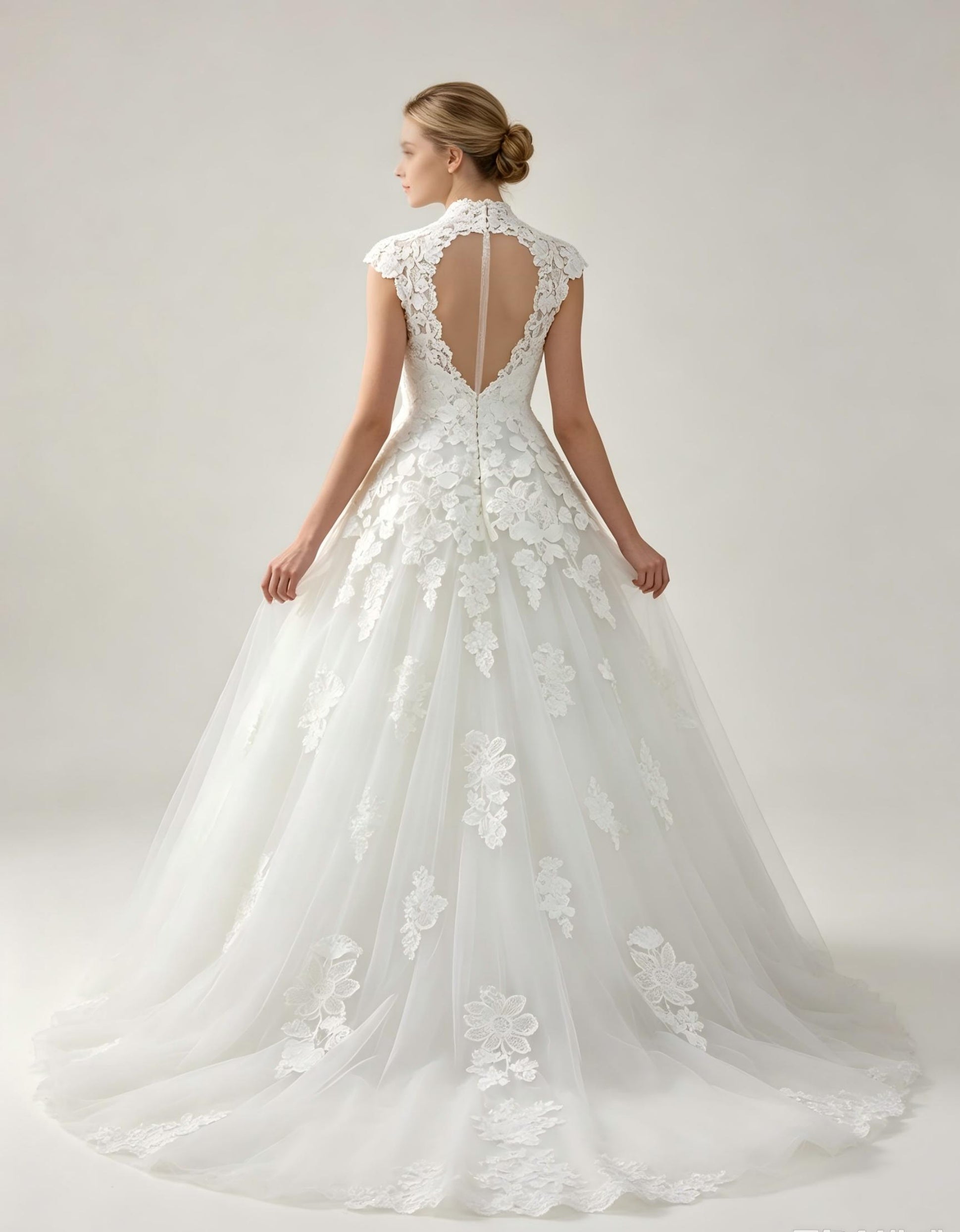 Cap Sleeve A-Line Wedding Dress with 3D Floral Sash & Tulle Skirt