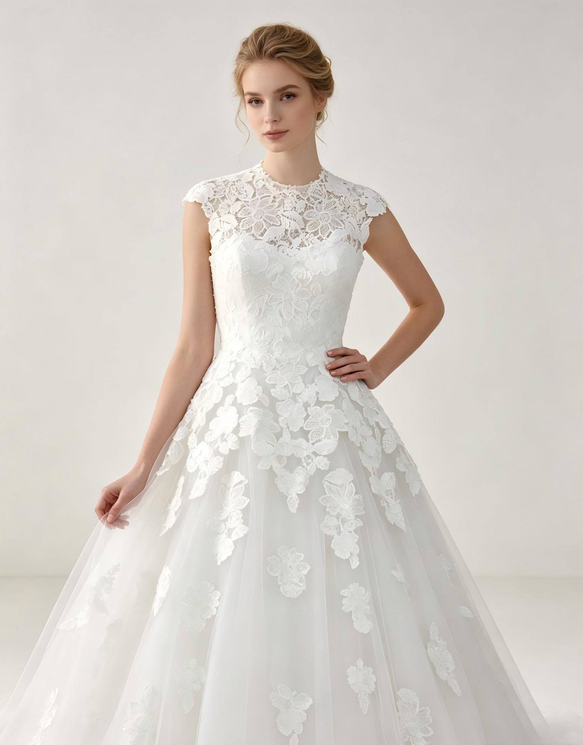Cap Sleeve A-Line Wedding Dress with 3D Floral Sash & Tulle Skirt
