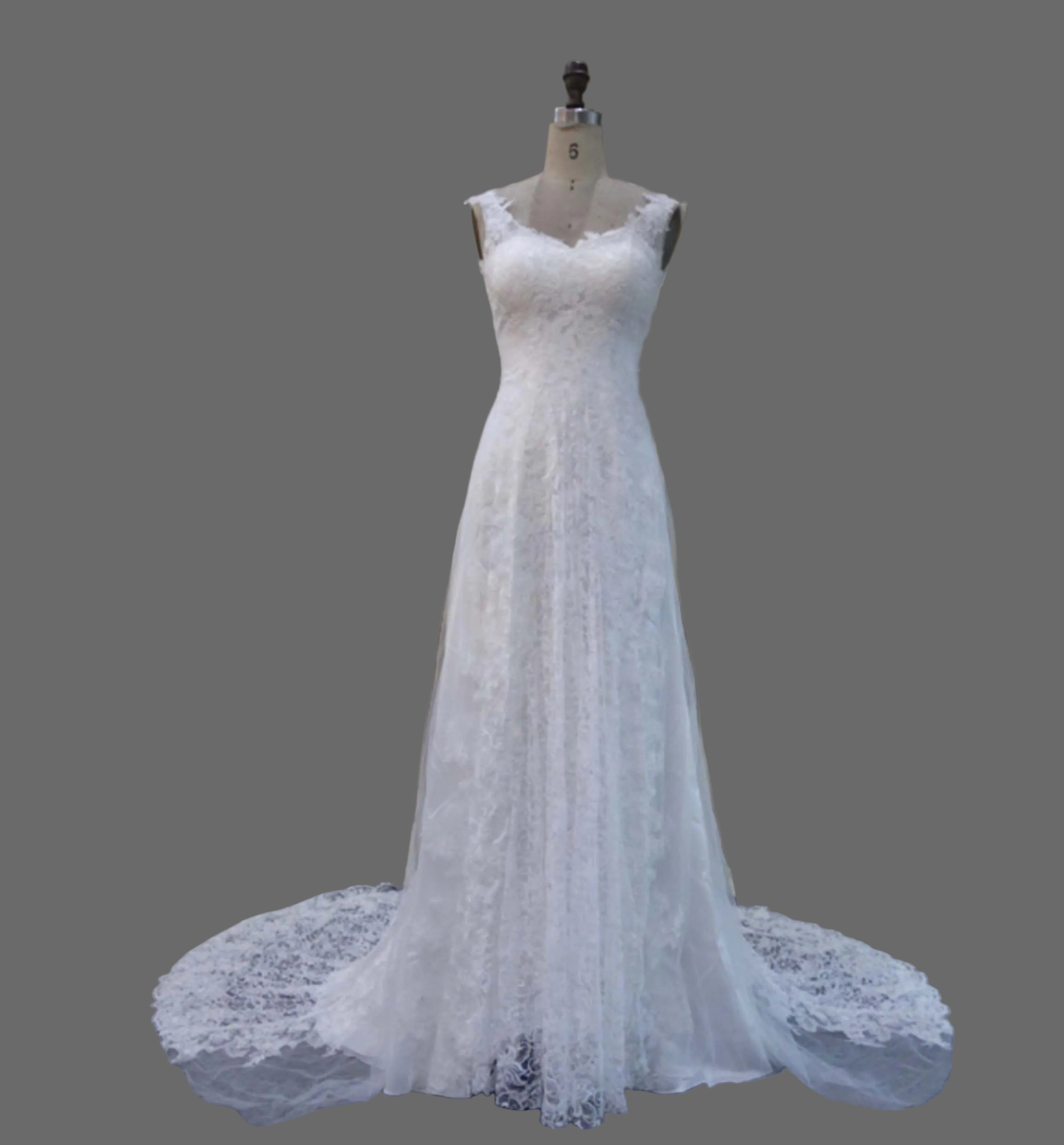 Cap Sleeve Lace A-Line Wedding Dress with Scalloped Neckline & Chapel Train