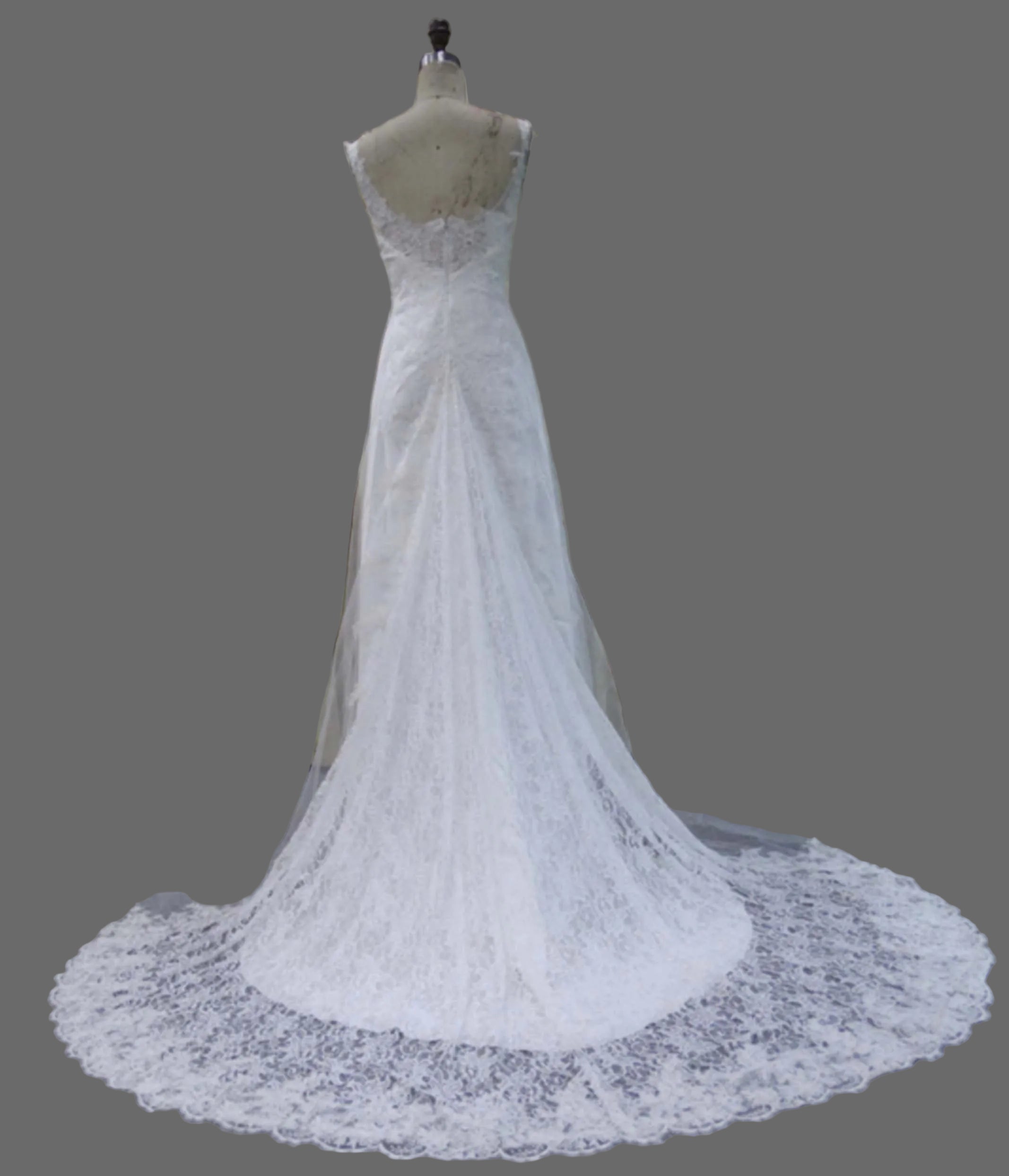 Cap Sleeve Lace A-Line Wedding Dress with Scalloped Neckline & Chapel Train